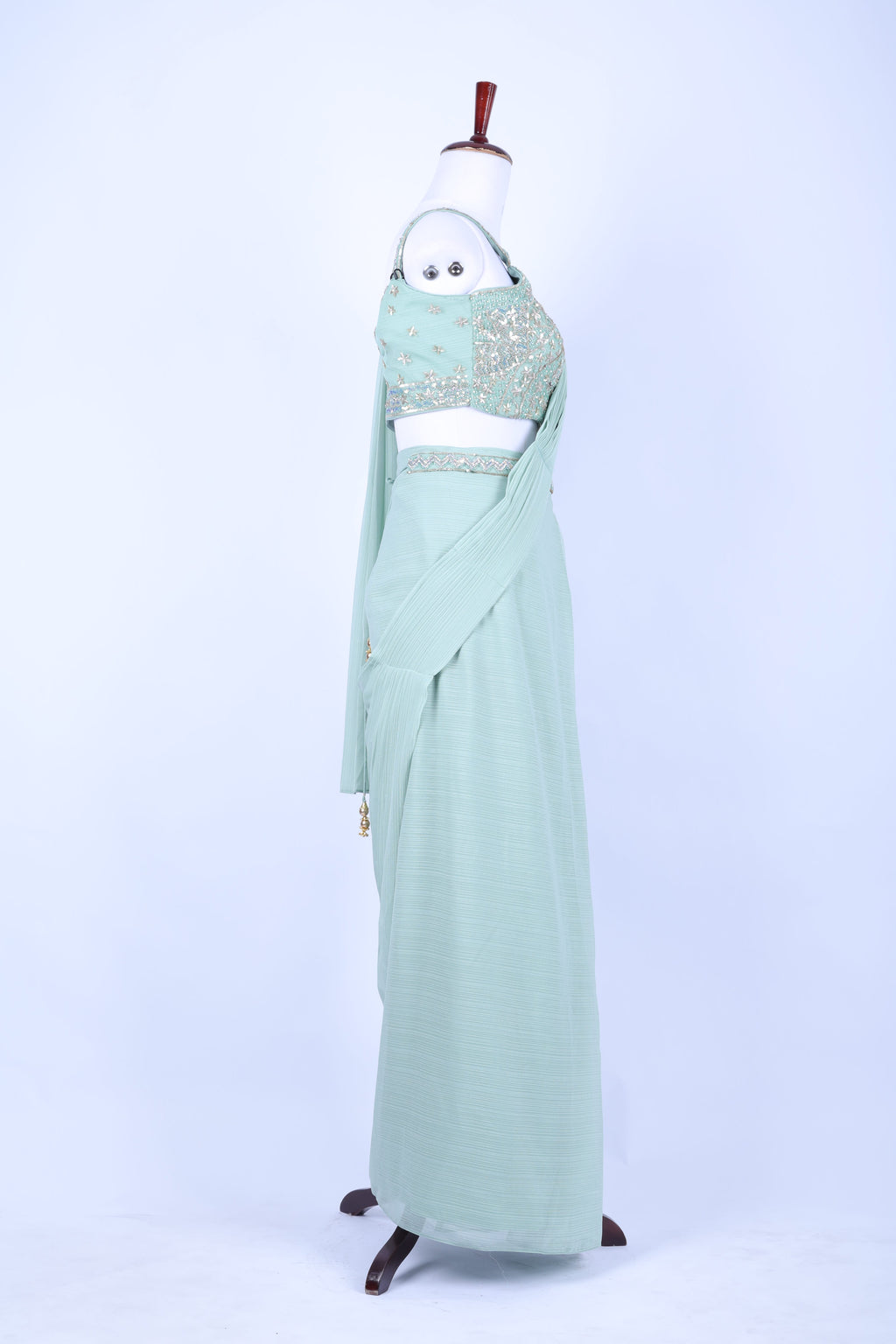 MInt green pre-draped saree set