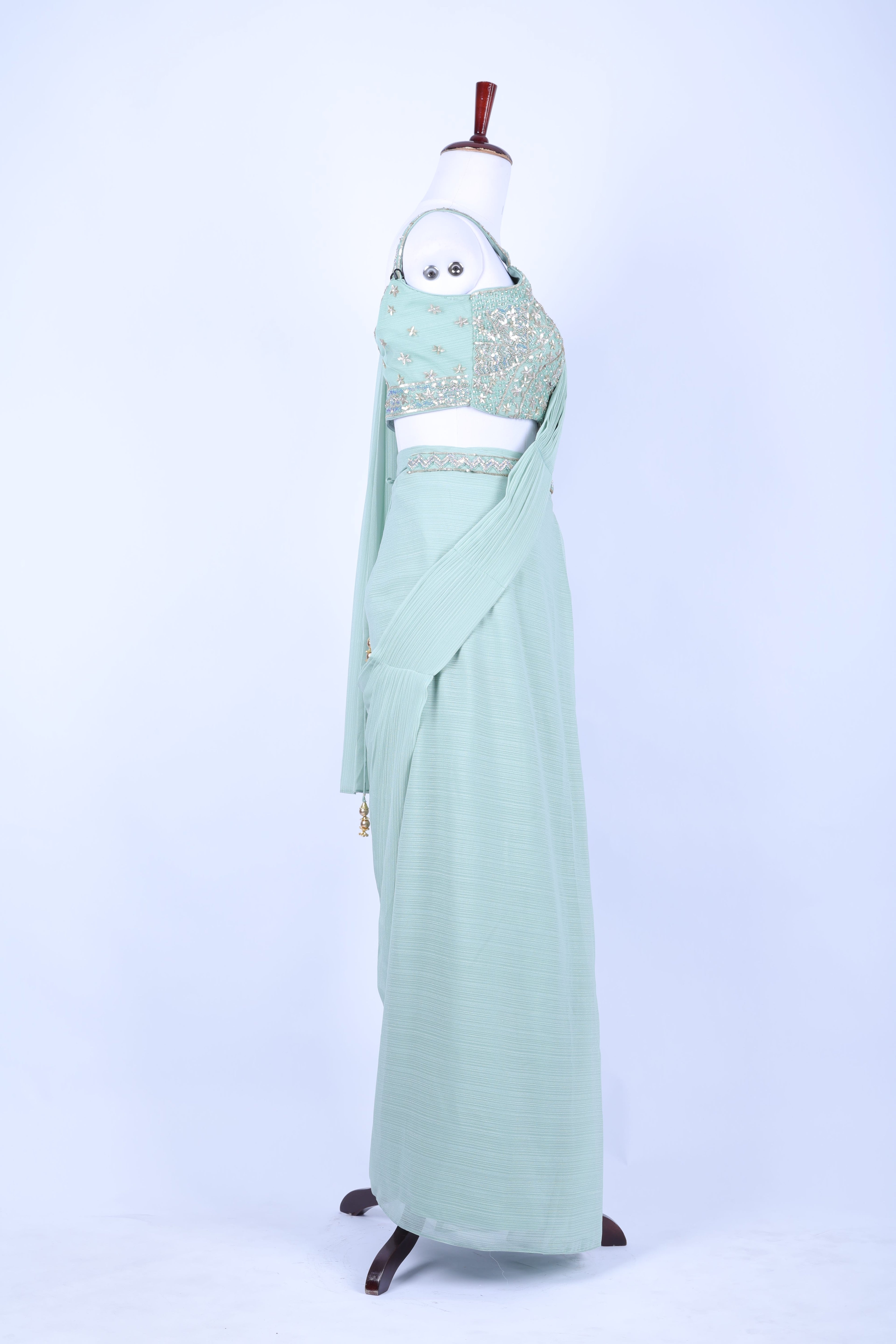 MInt green pre-draped saree set