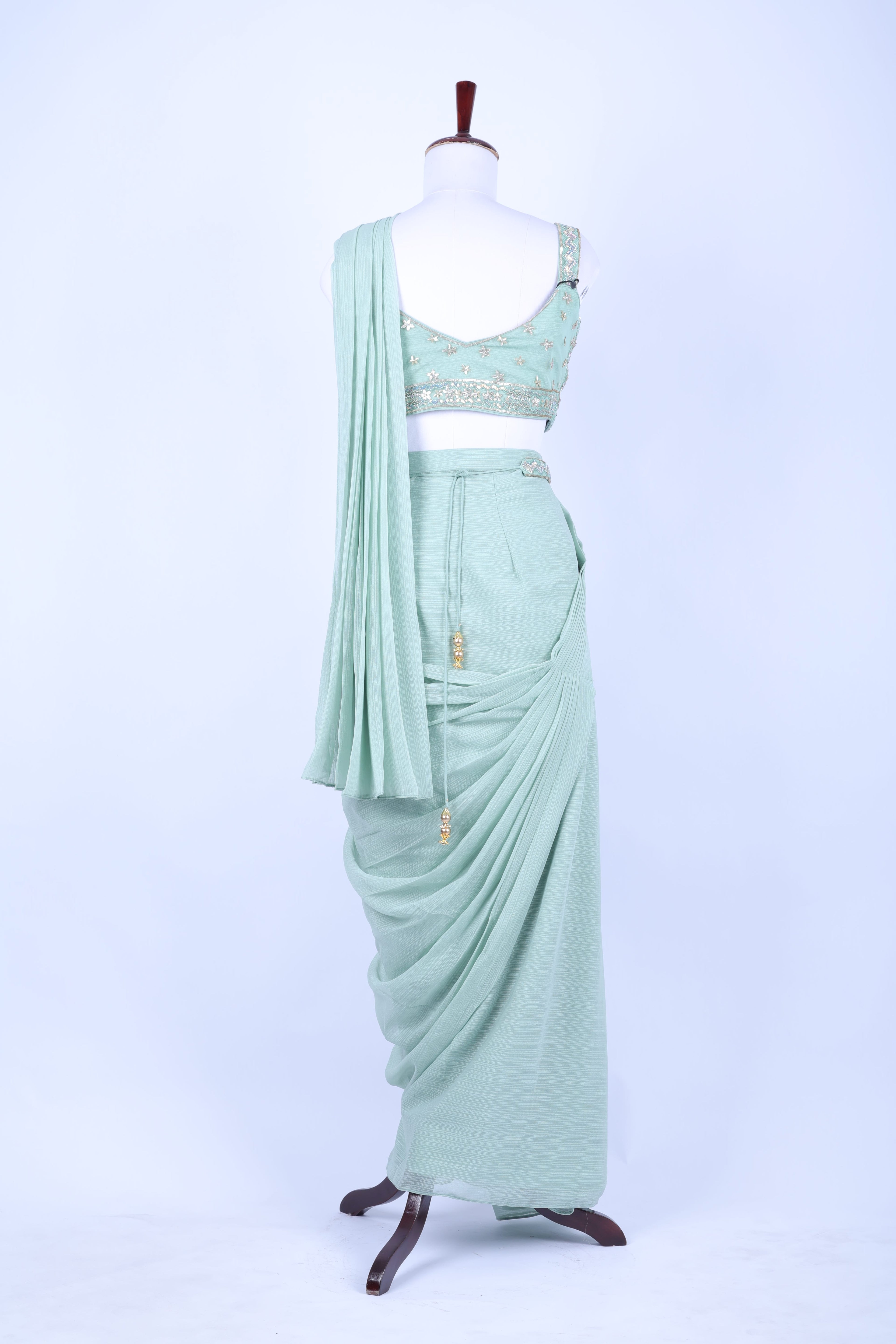 MInt green pre-draped saree set