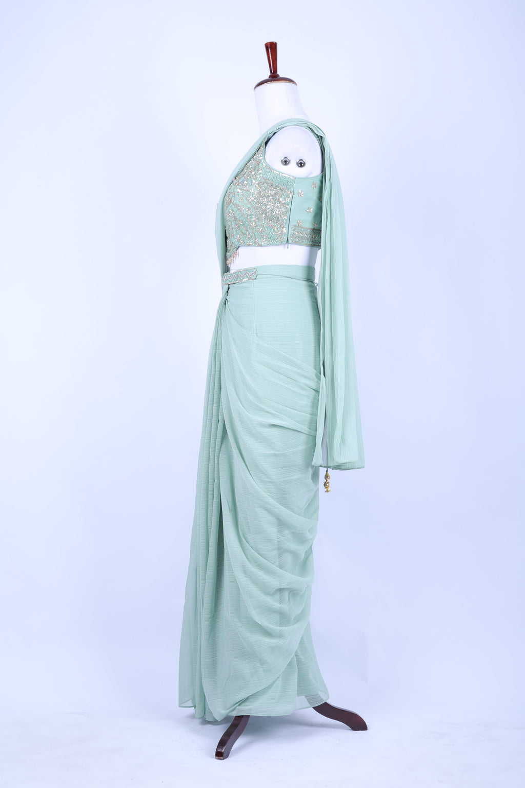 MInt green pre-draped saree set