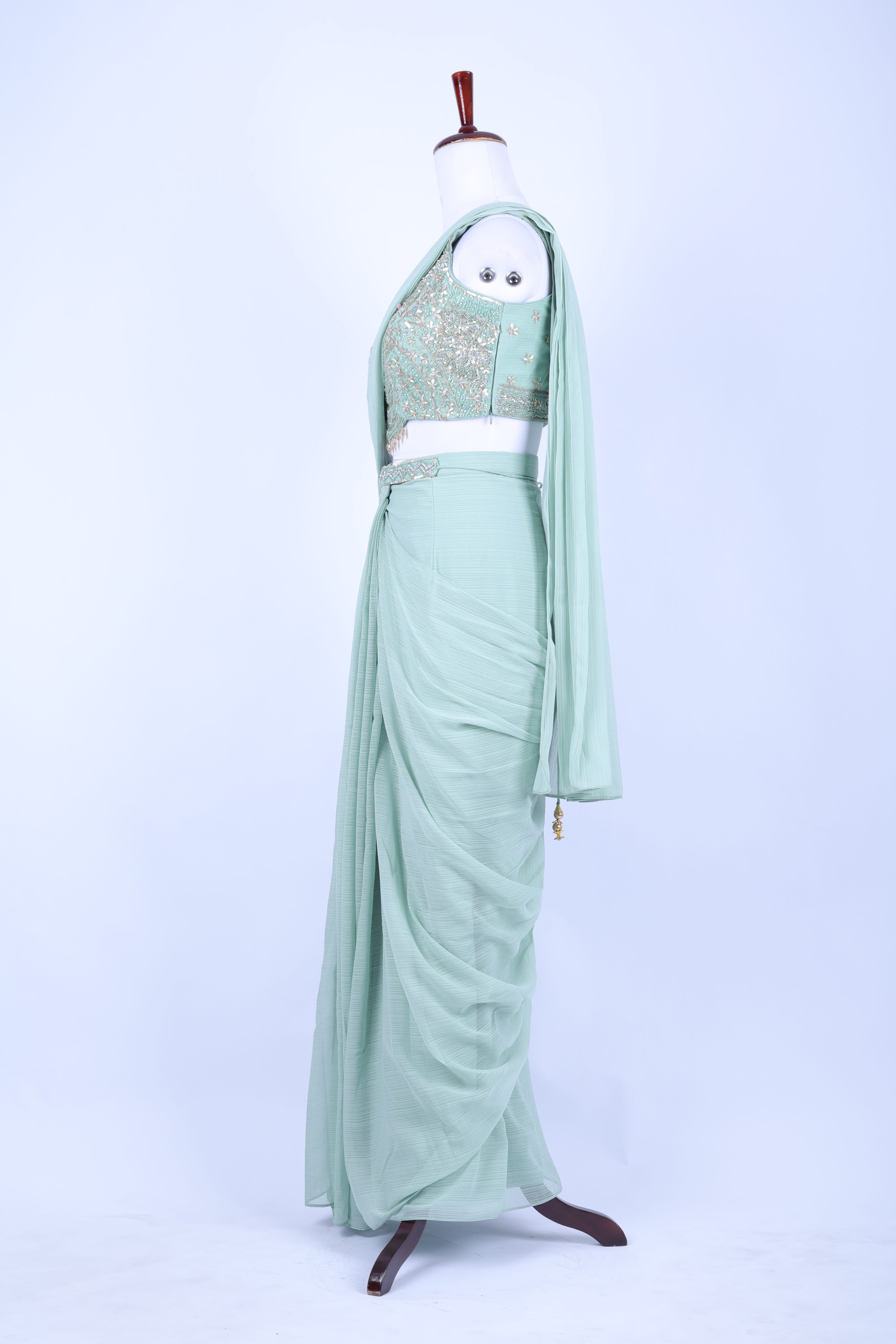 MInt green pre-draped saree set