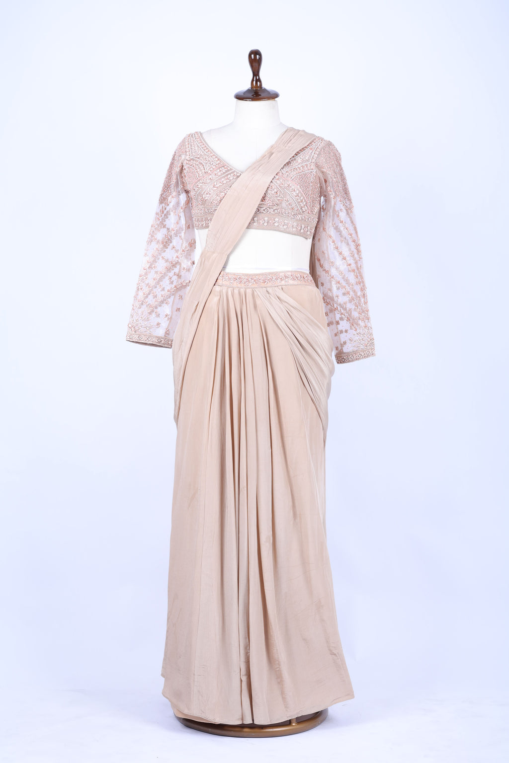 Nude beige pre-draped saree set