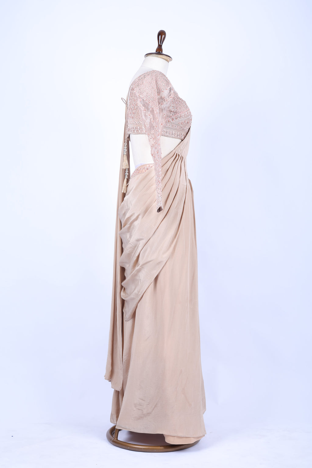 Nude beige pre-draped saree set