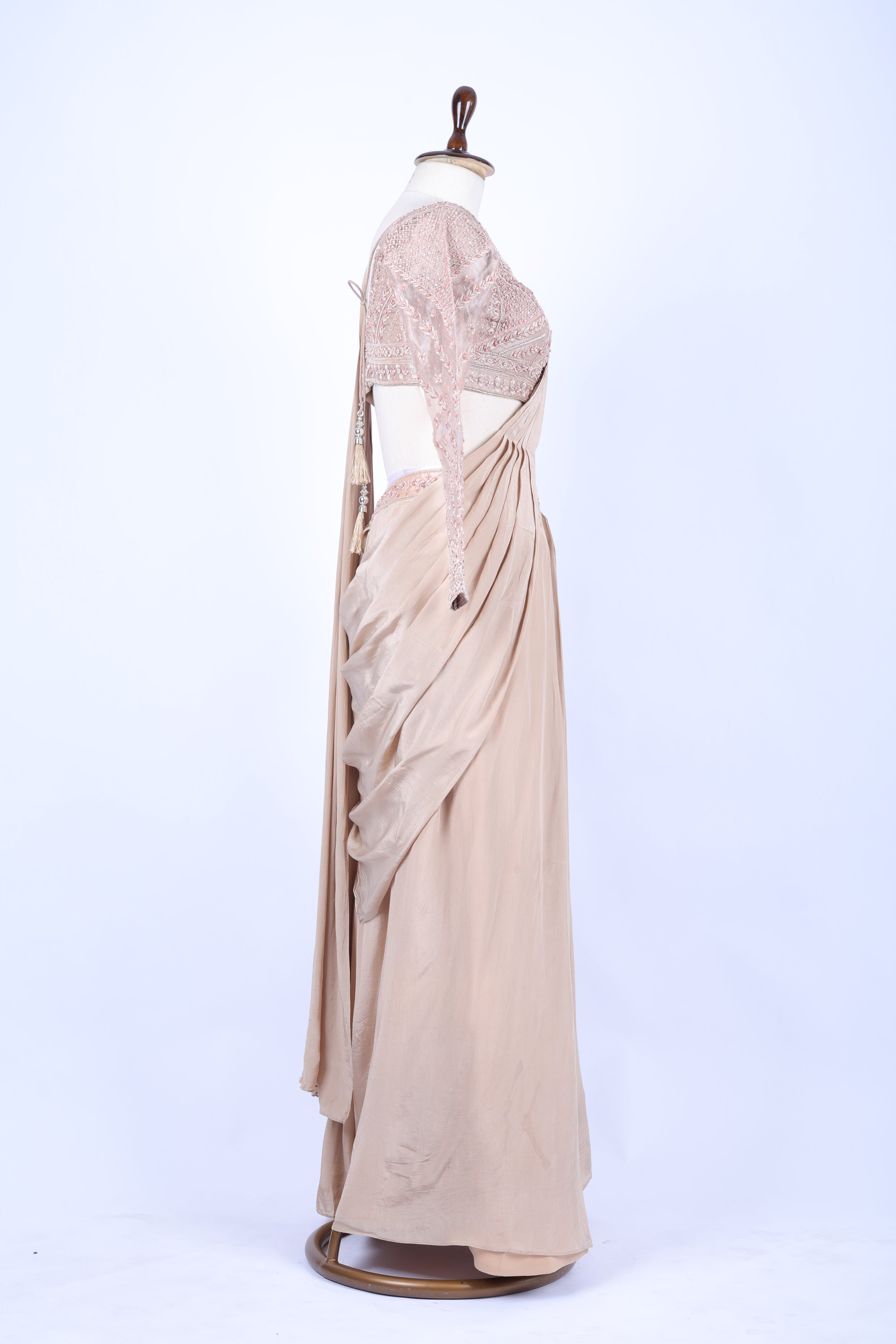 Nude beige pre-draped saree set