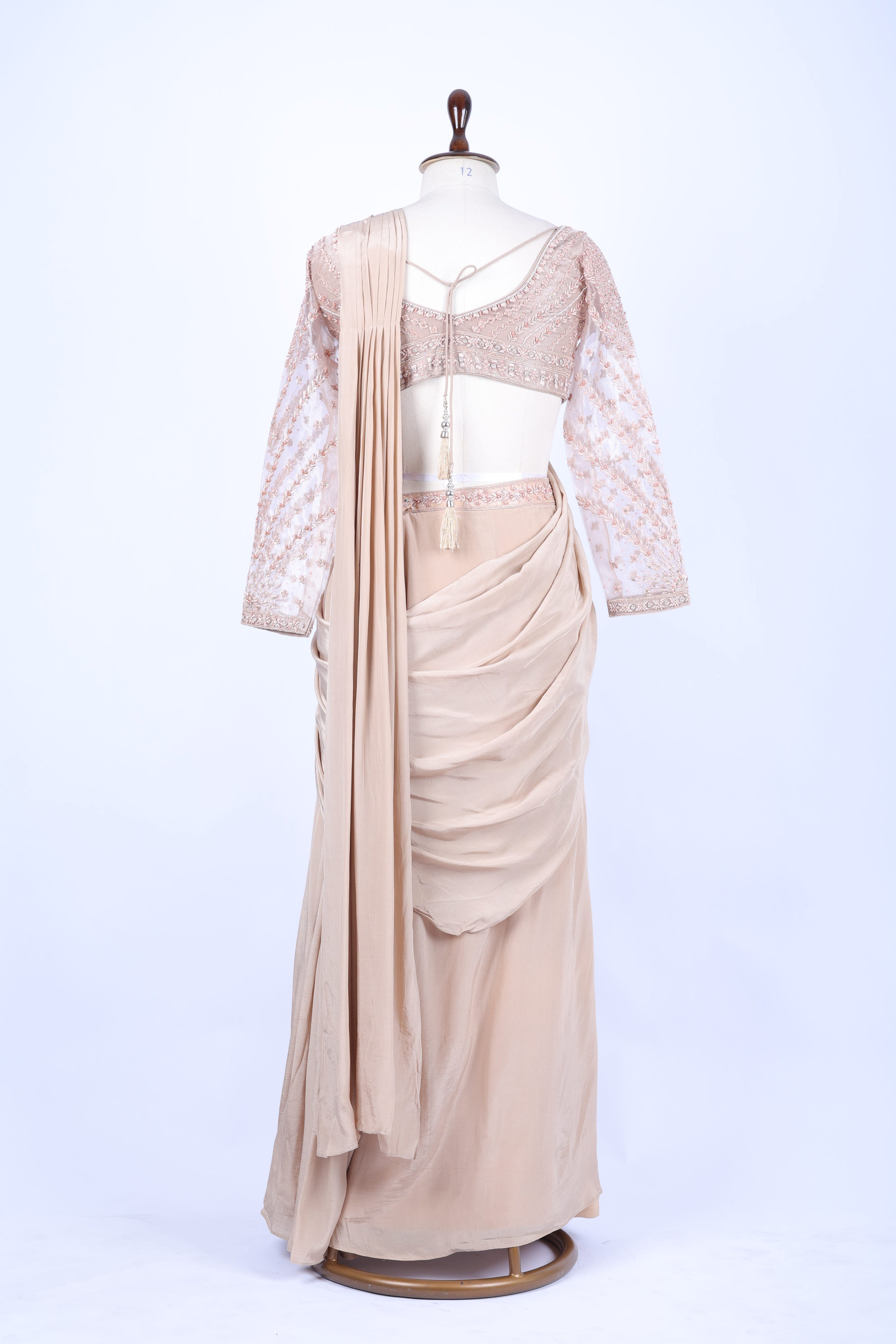 Nude beige pre-draped saree set