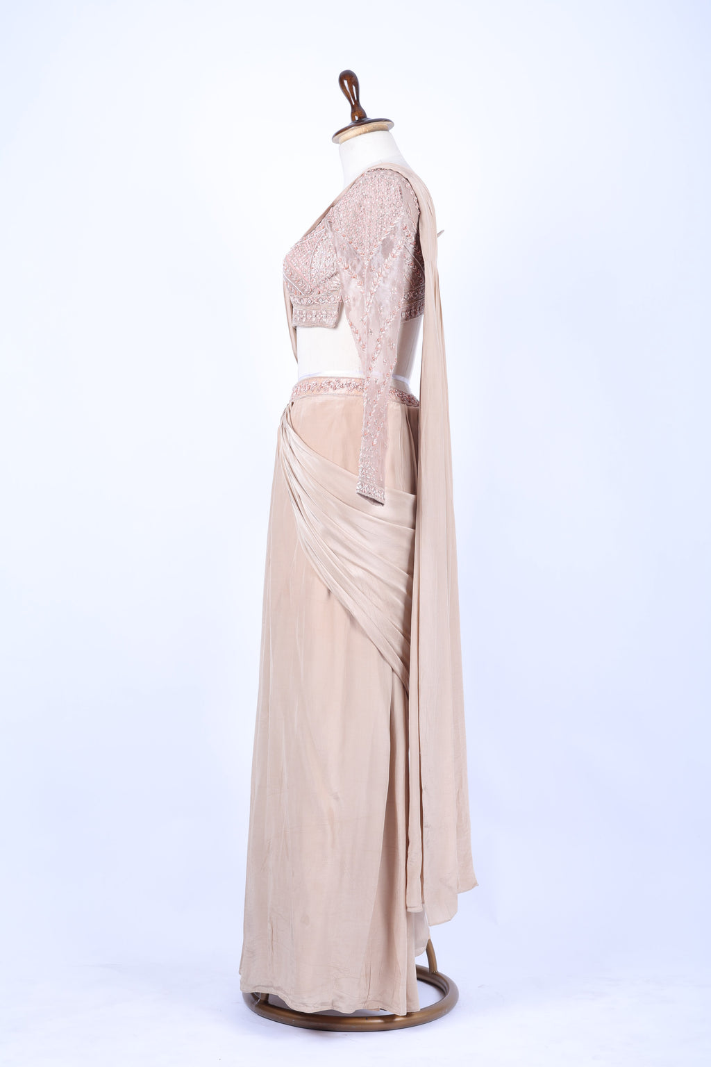 Nude beige pre-draped saree set