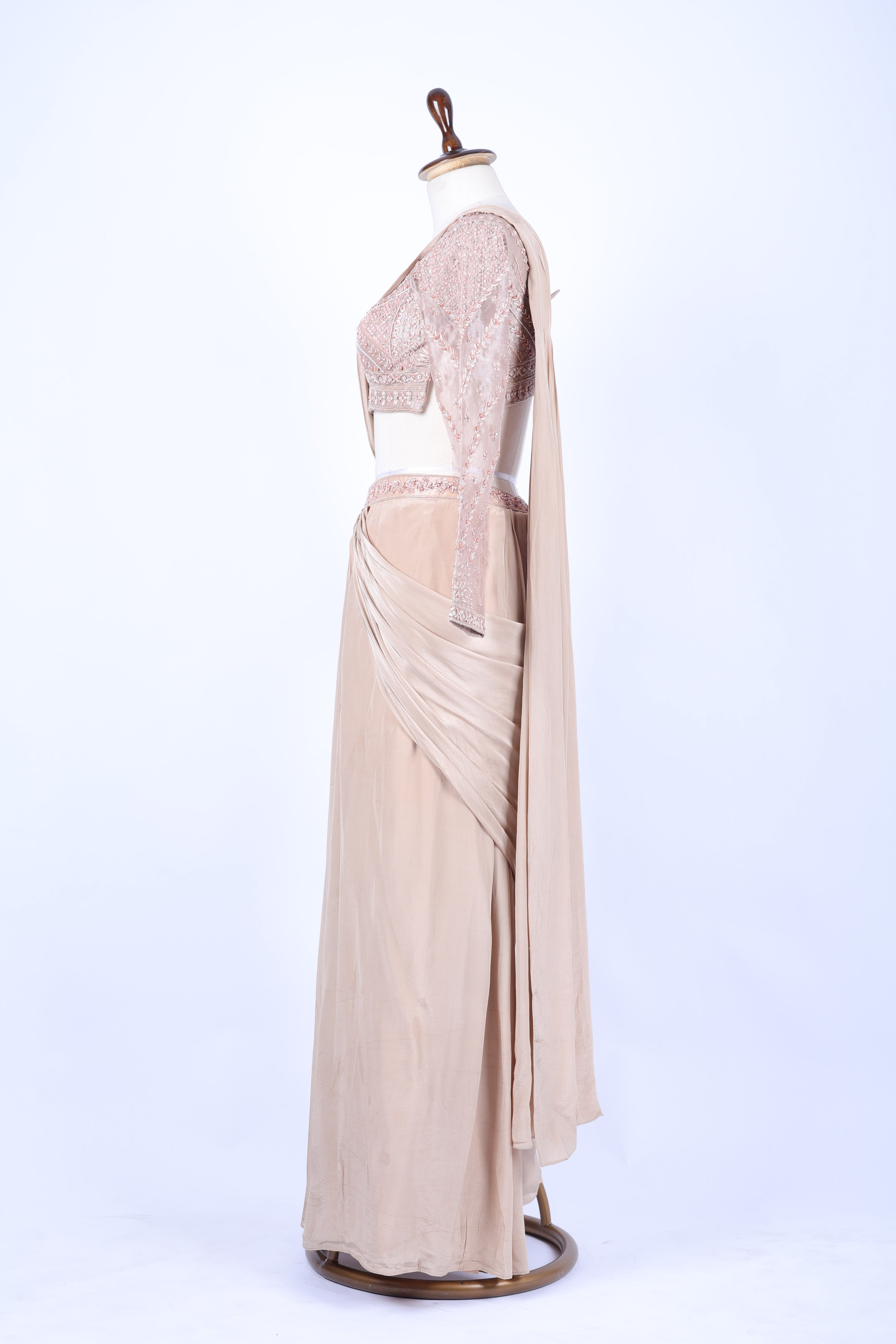 Nude beige pre-draped saree set