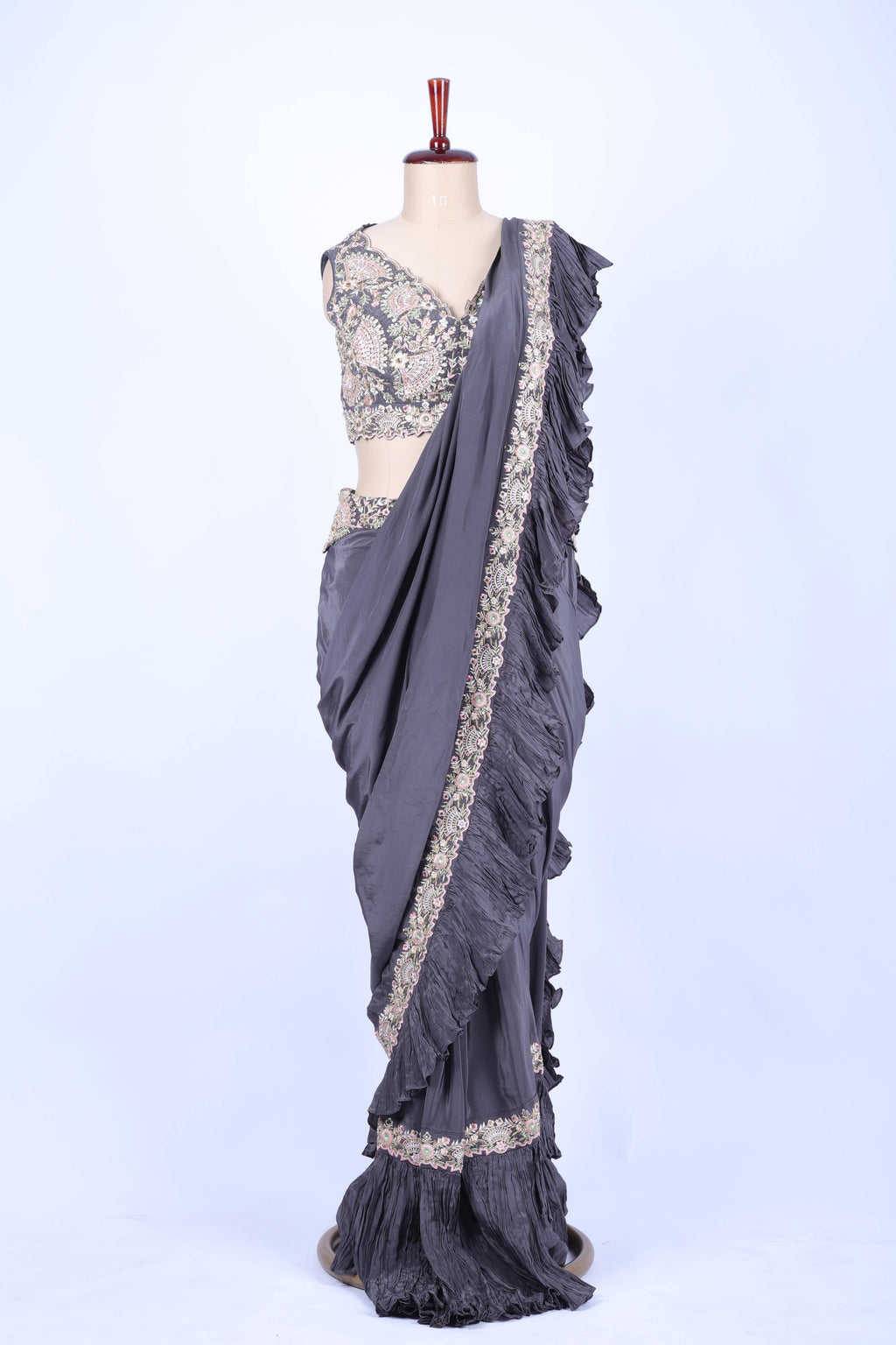 Charcoal grey pre-draped saree set