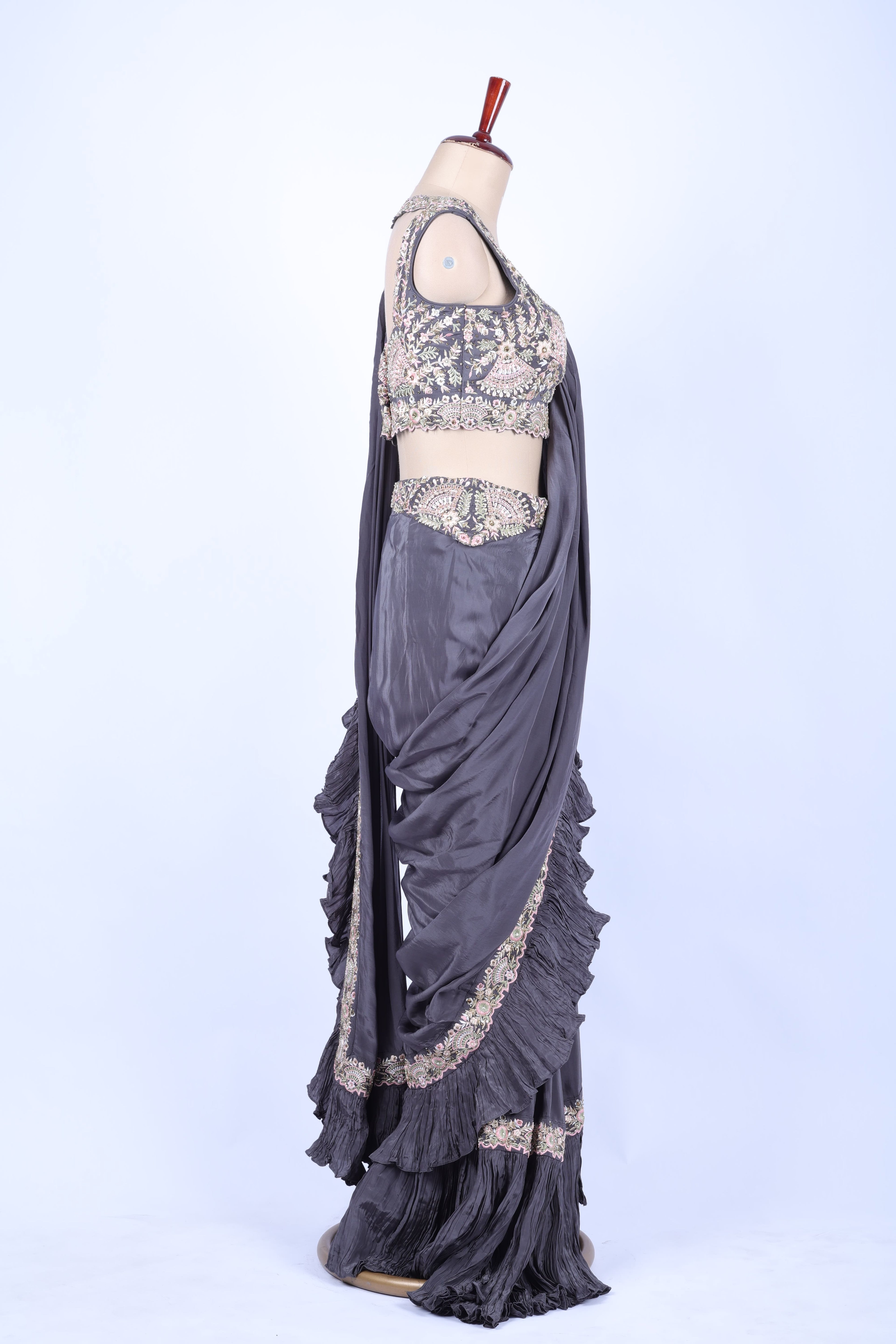 Charcoal grey pre-draped saree set