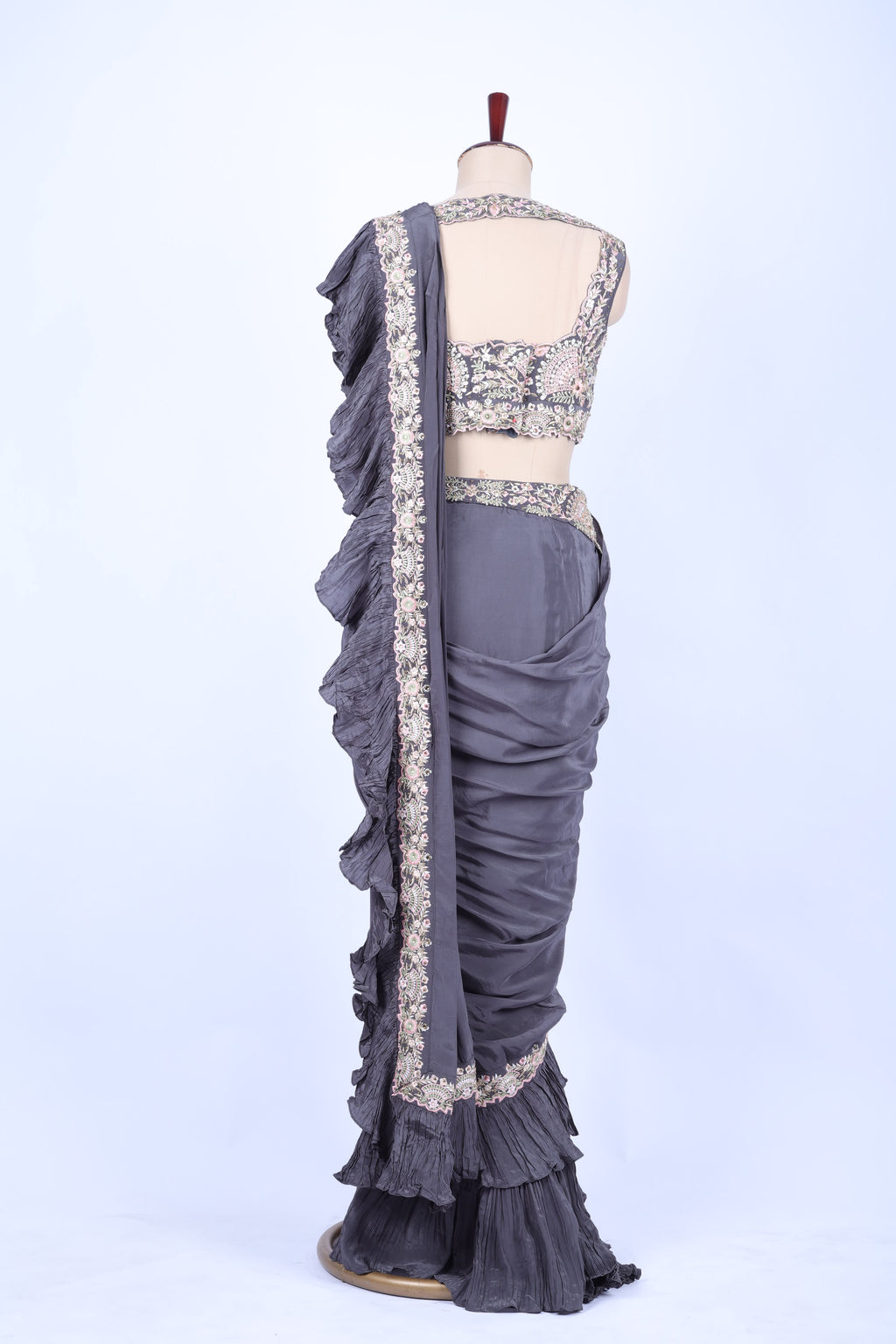 Charcoal grey pre-draped saree set