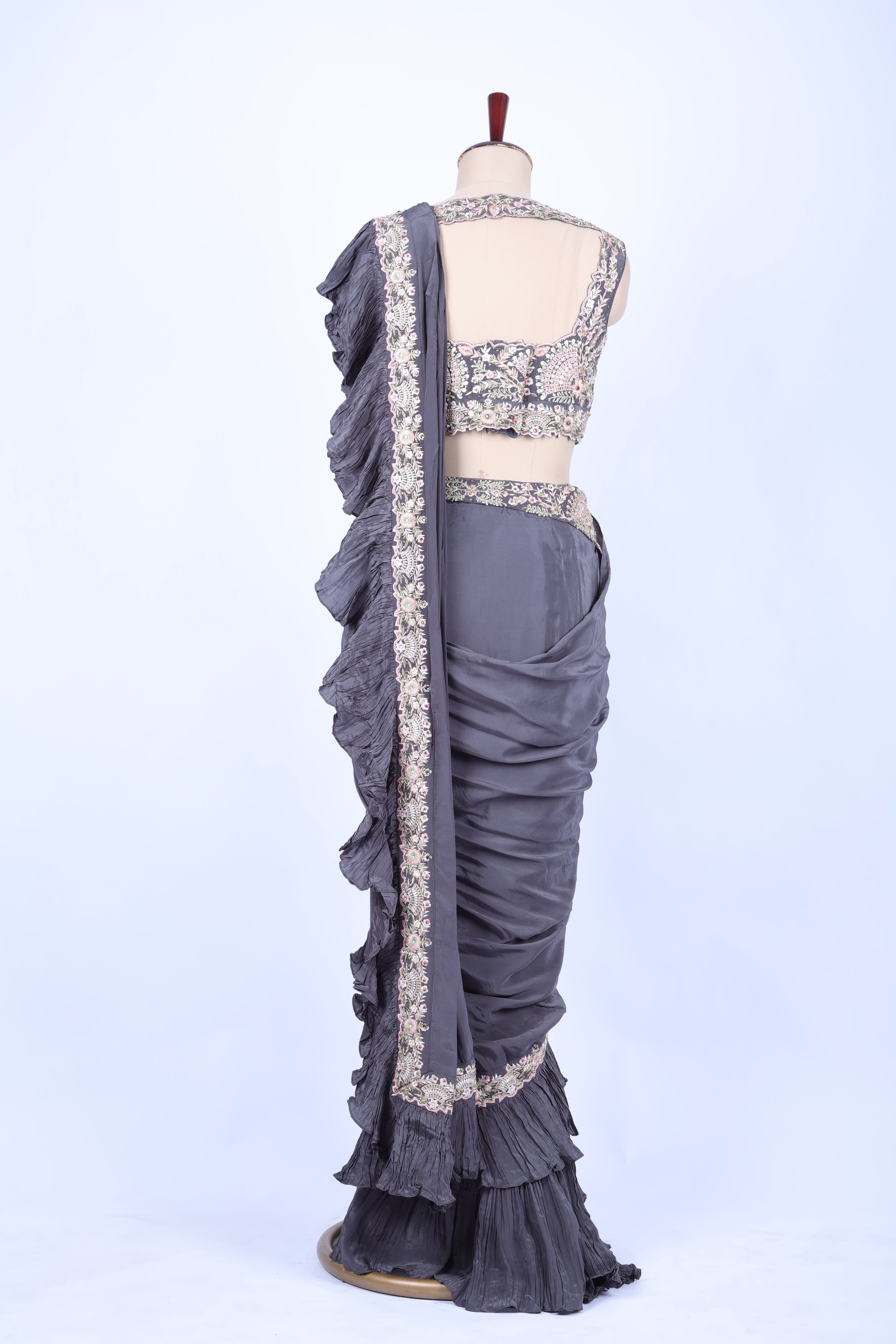 Charcoal grey pre-draped saree set