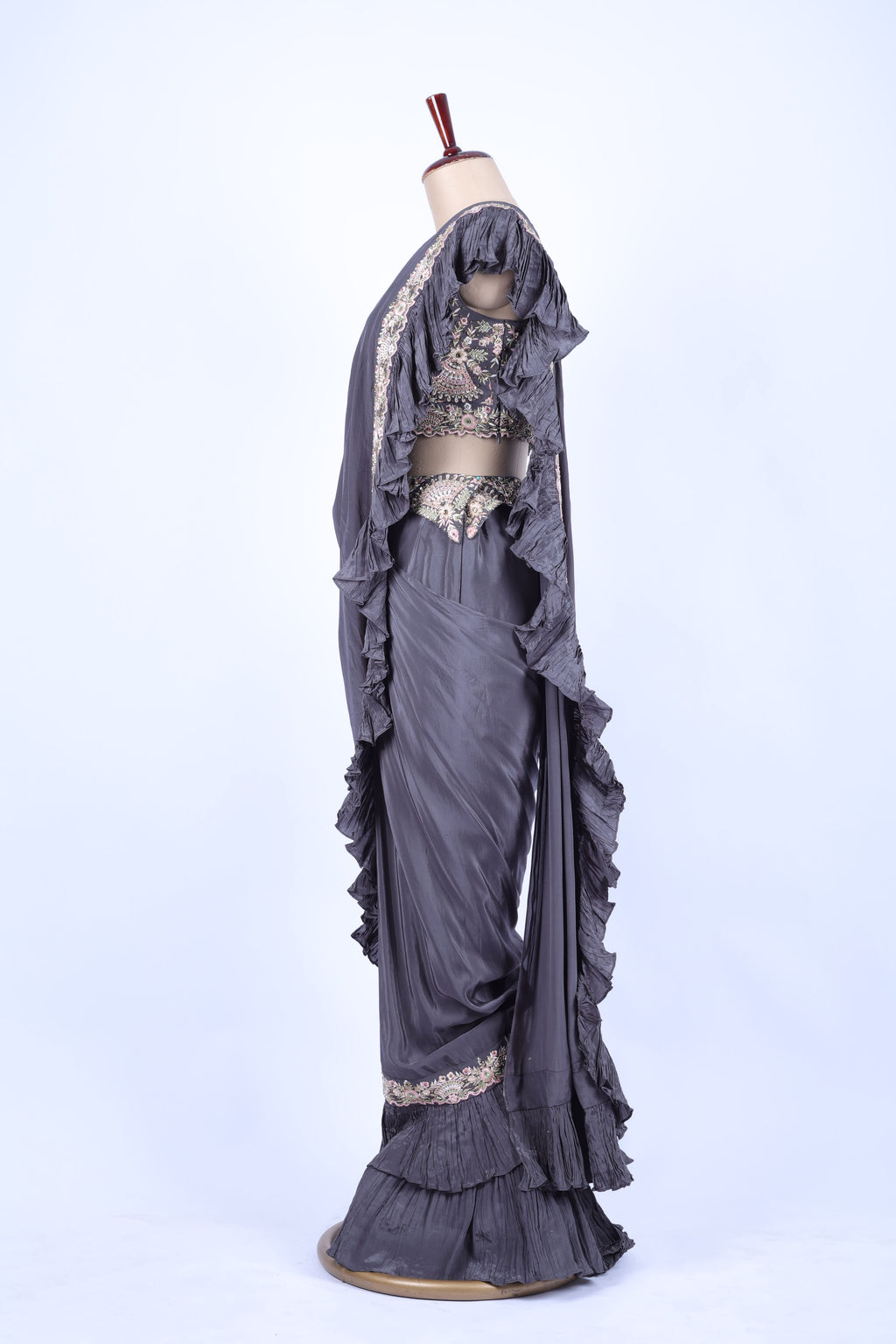 Charcoal grey pre-draped saree set