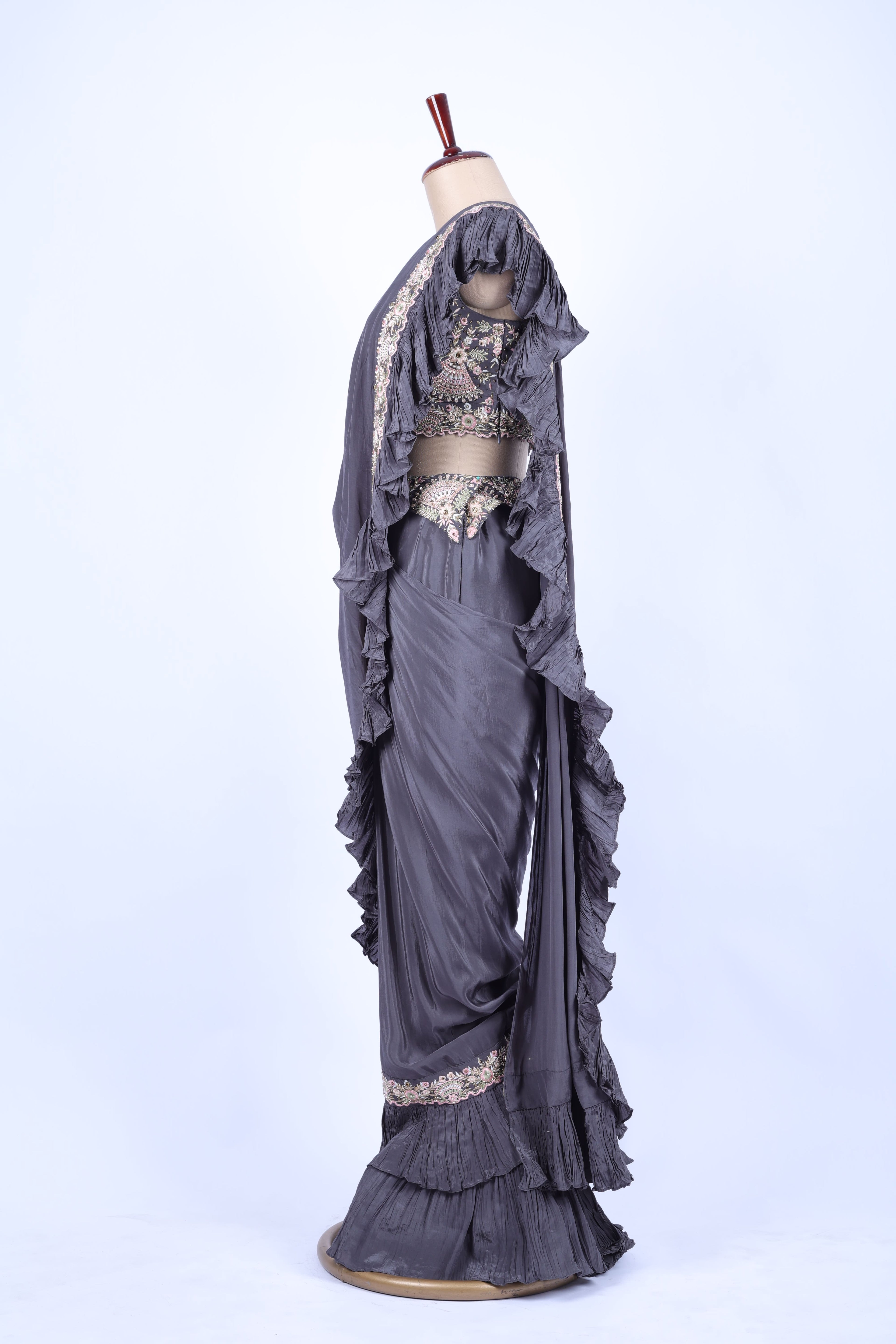 Charcoal grey pre-draped saree set