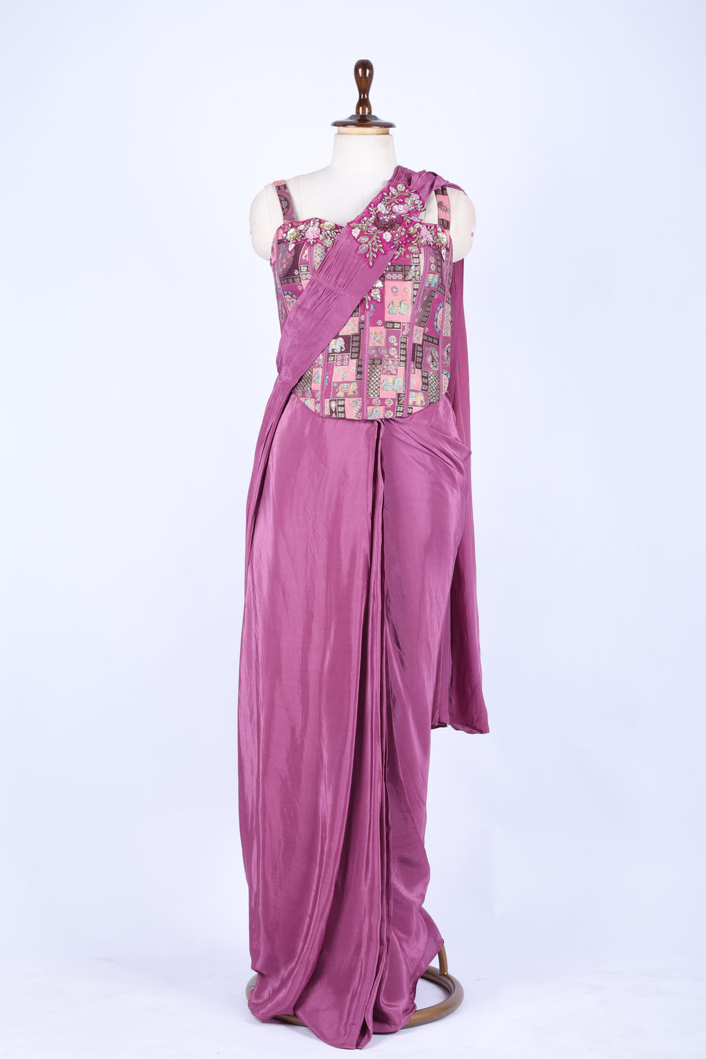 Mauve pre-draped saree set