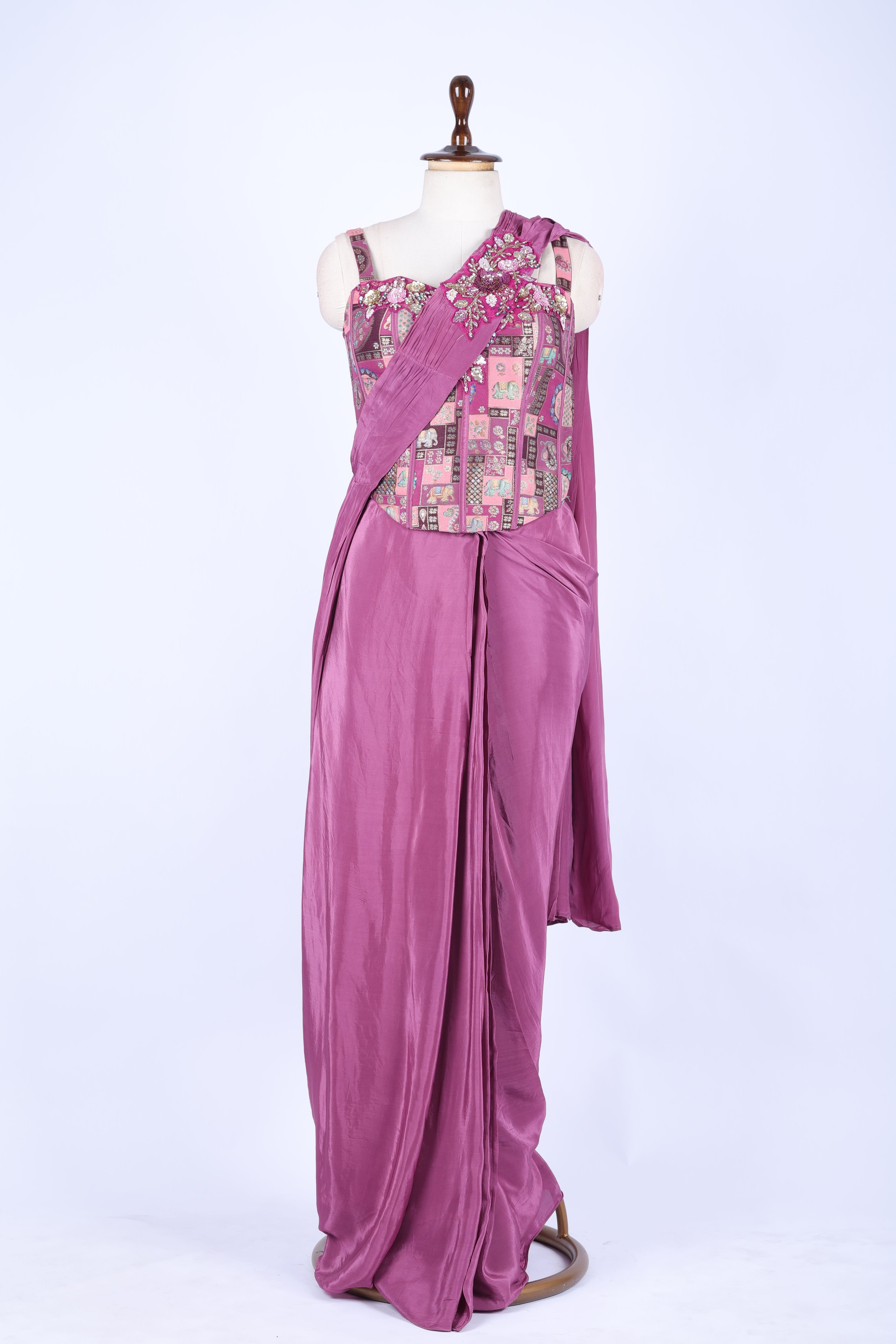 Mauve pre-draped saree set