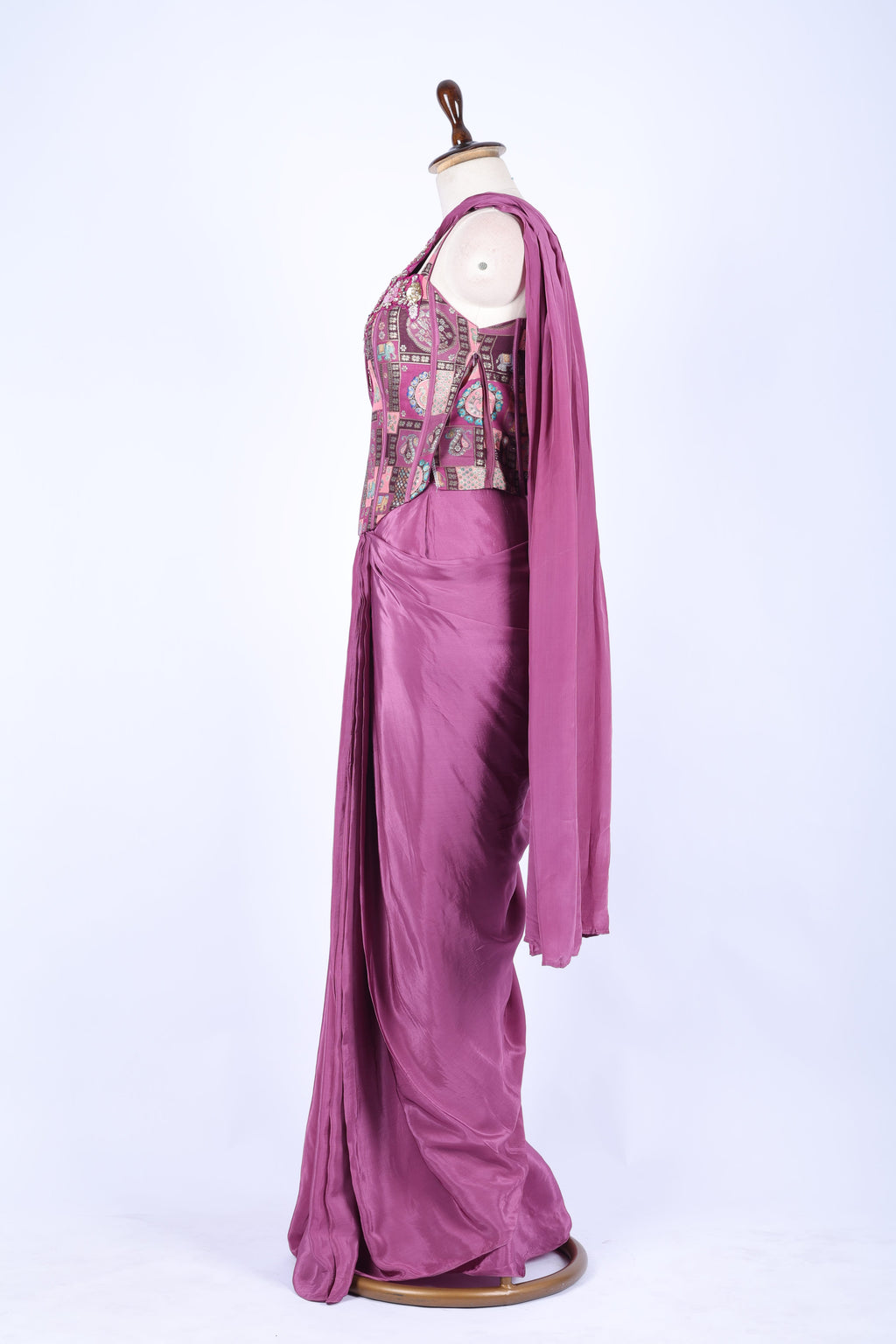 Mauve pre-draped saree set