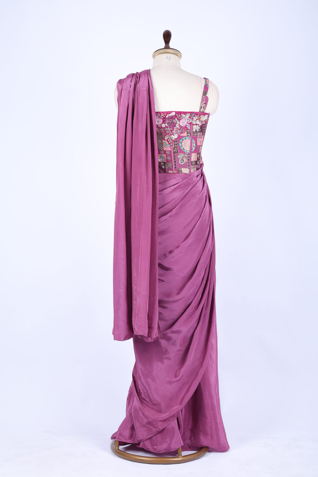 Mauve pre-draped saree set