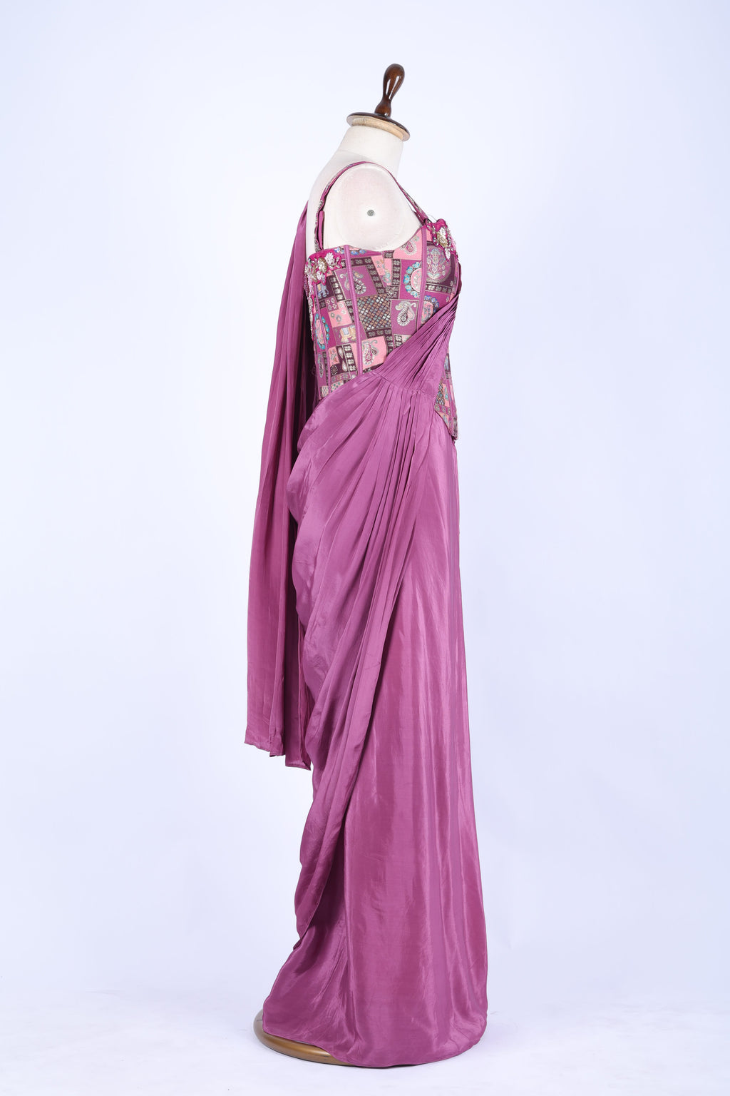 Mauve pre-draped saree set