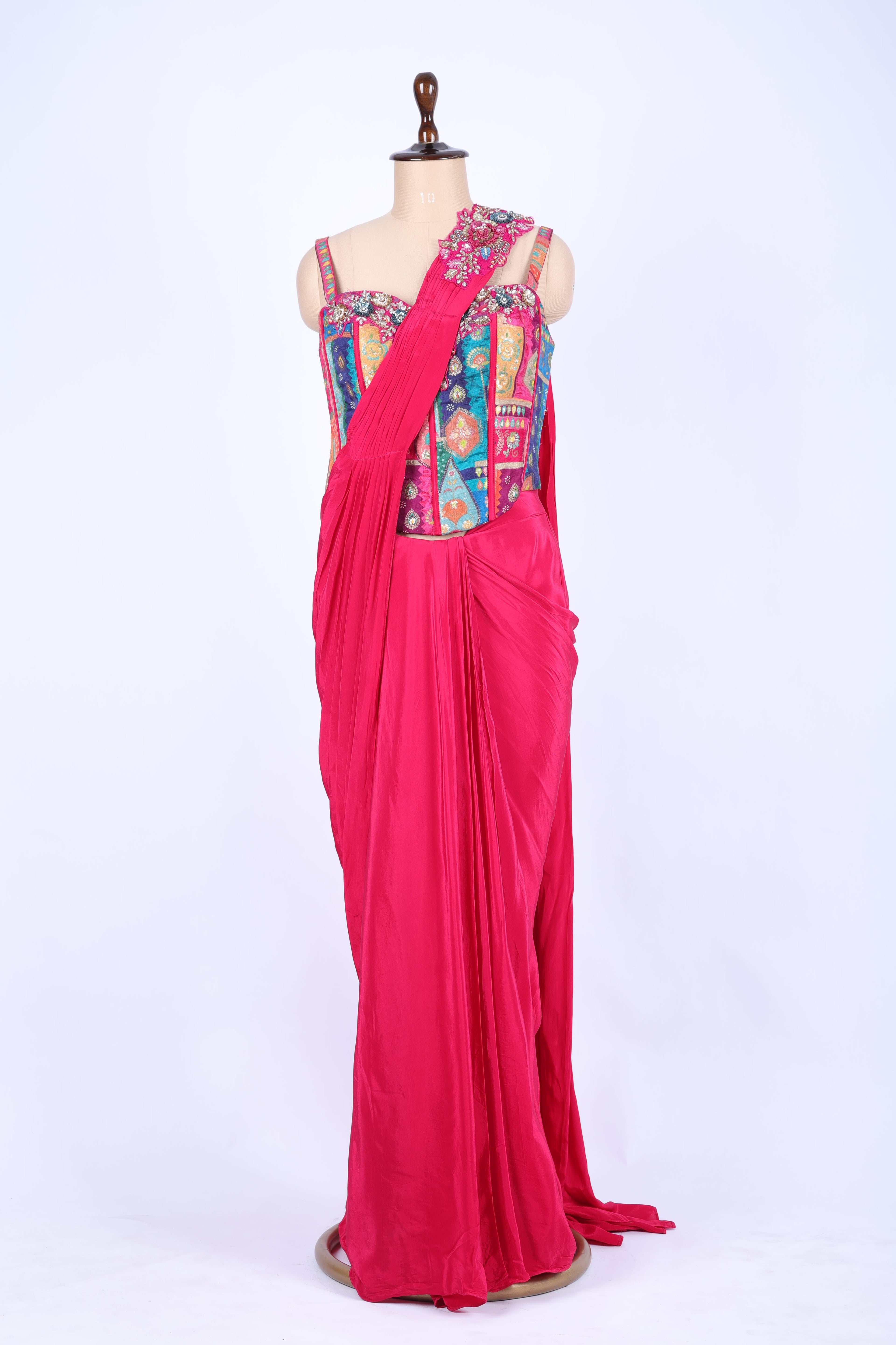 Fuchsia pink pre-draped saree set