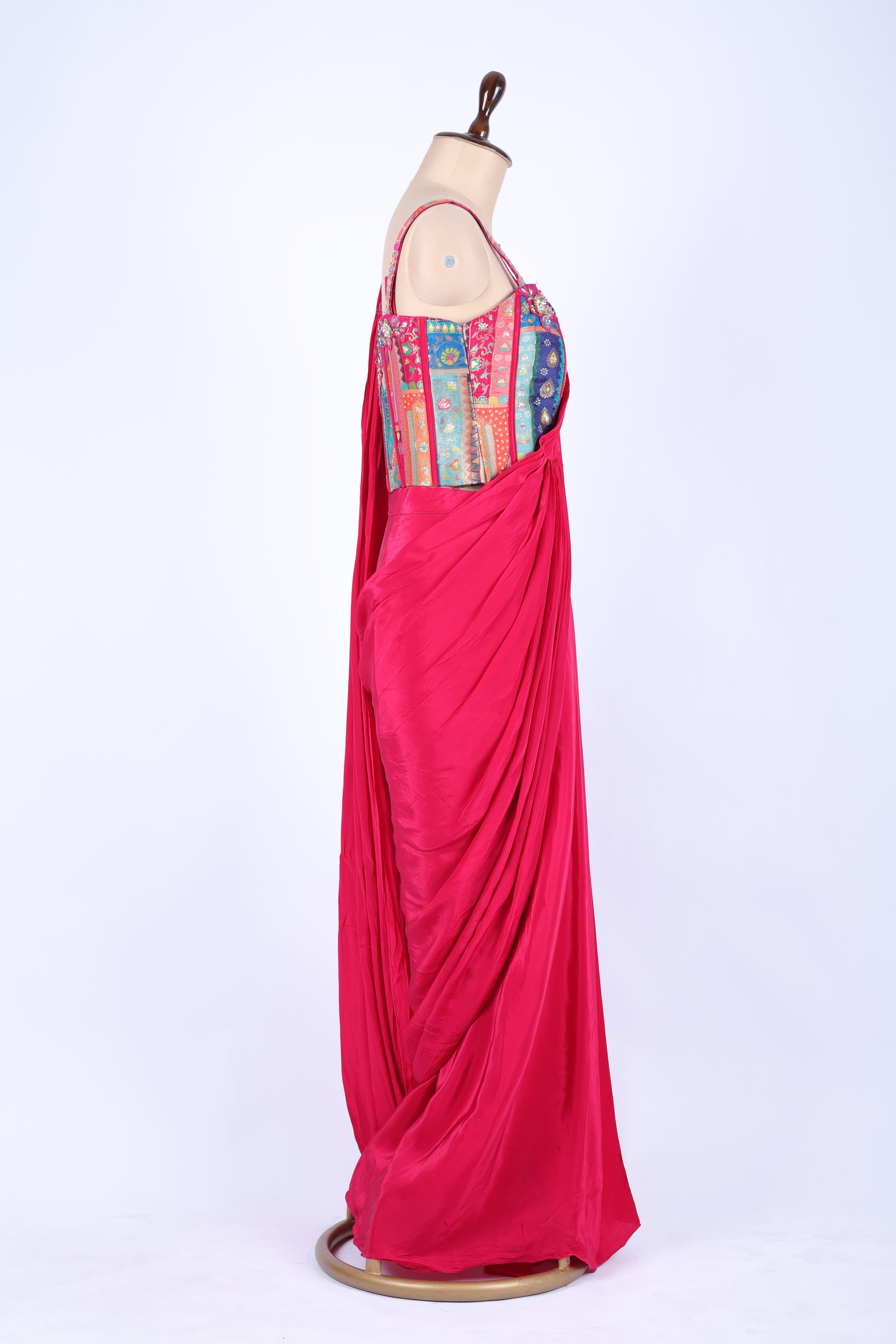 Fuchsia pink pre-draped saree set