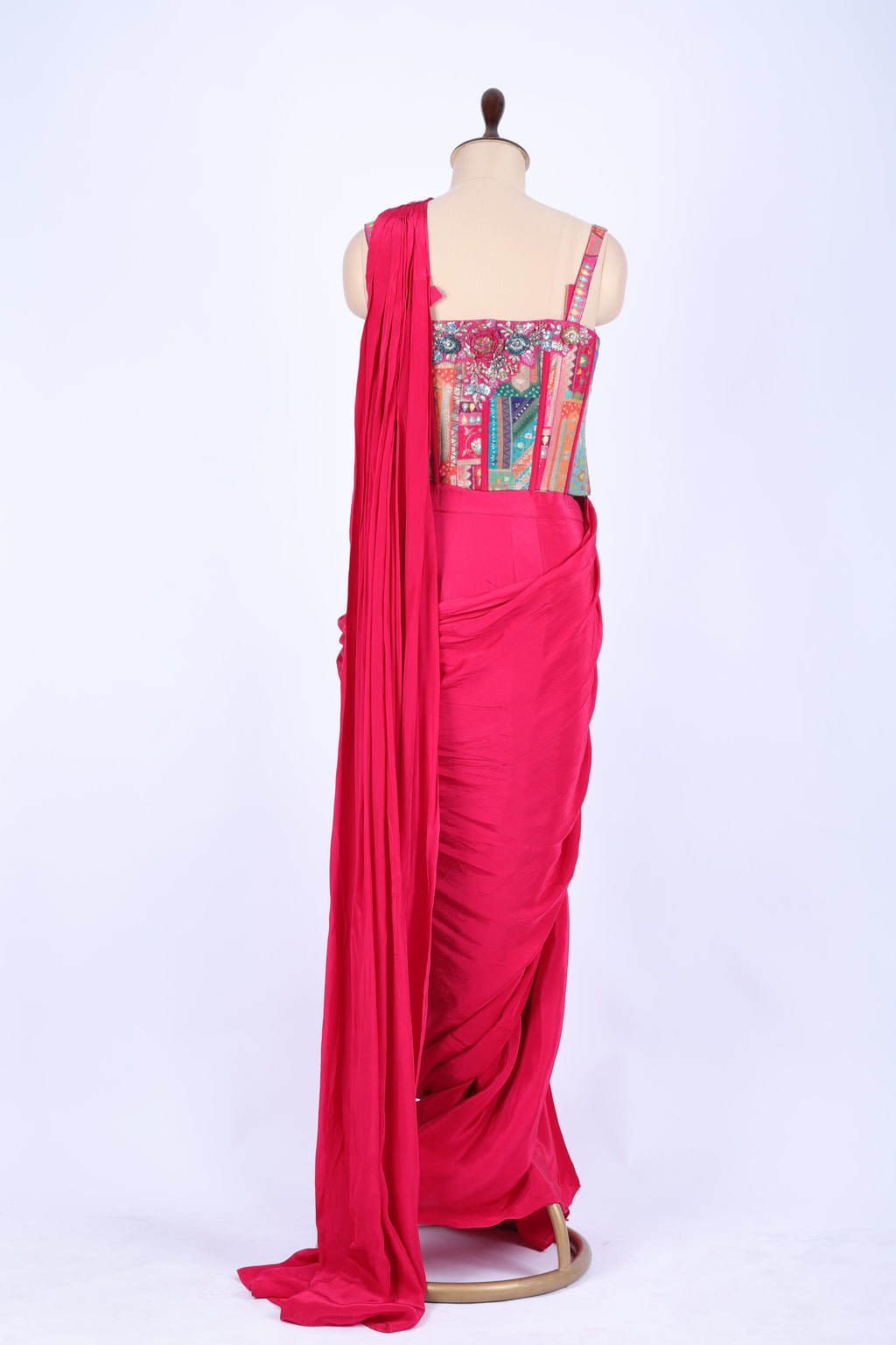 Fuchsia pink pre-draped saree set