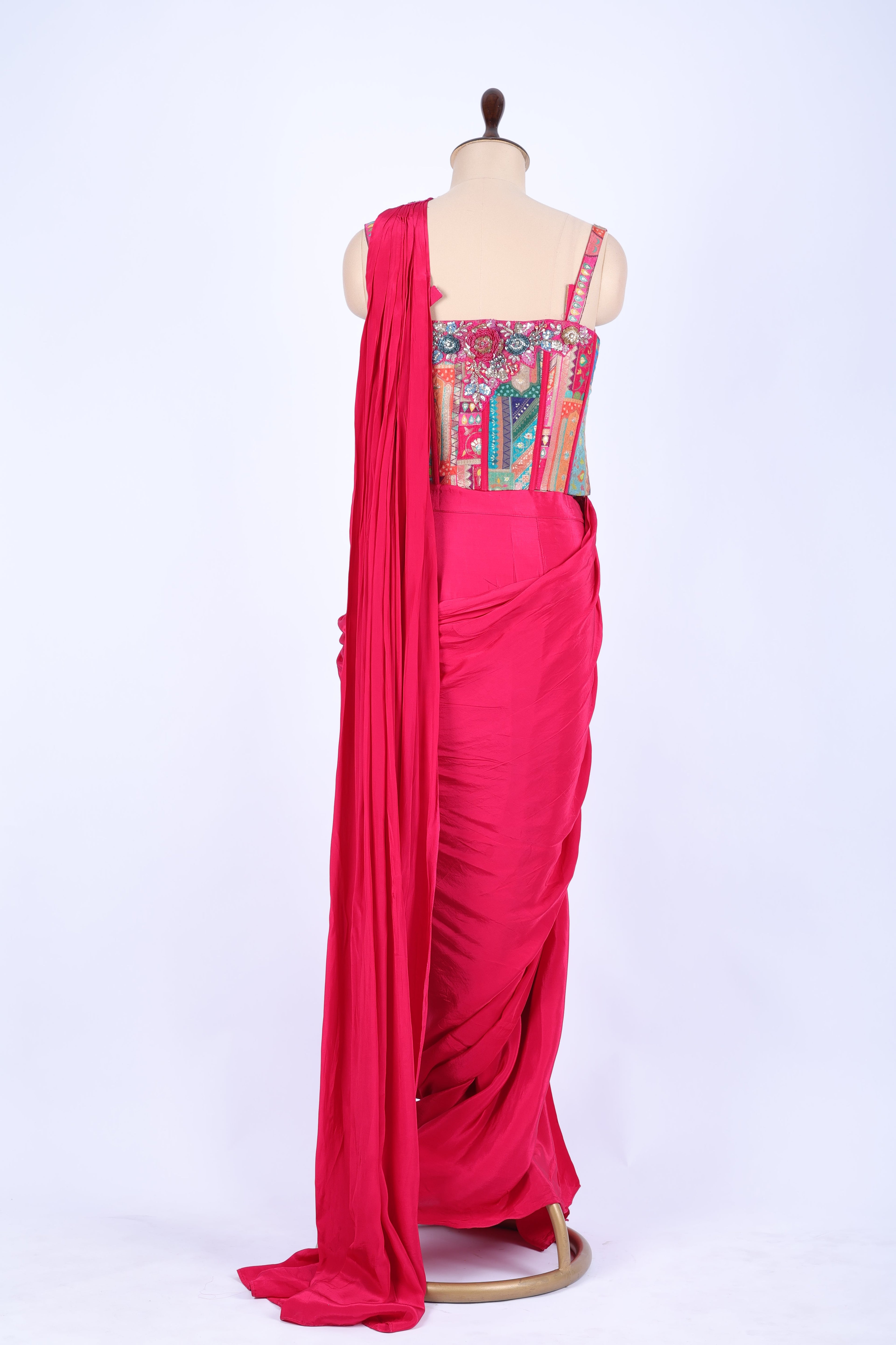 Fuchsia pink pre-draped saree set