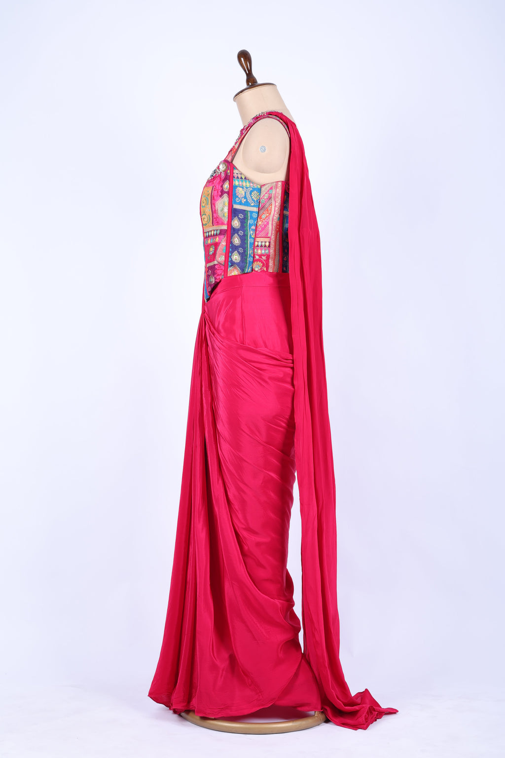Fuchsia pink pre-draped saree set