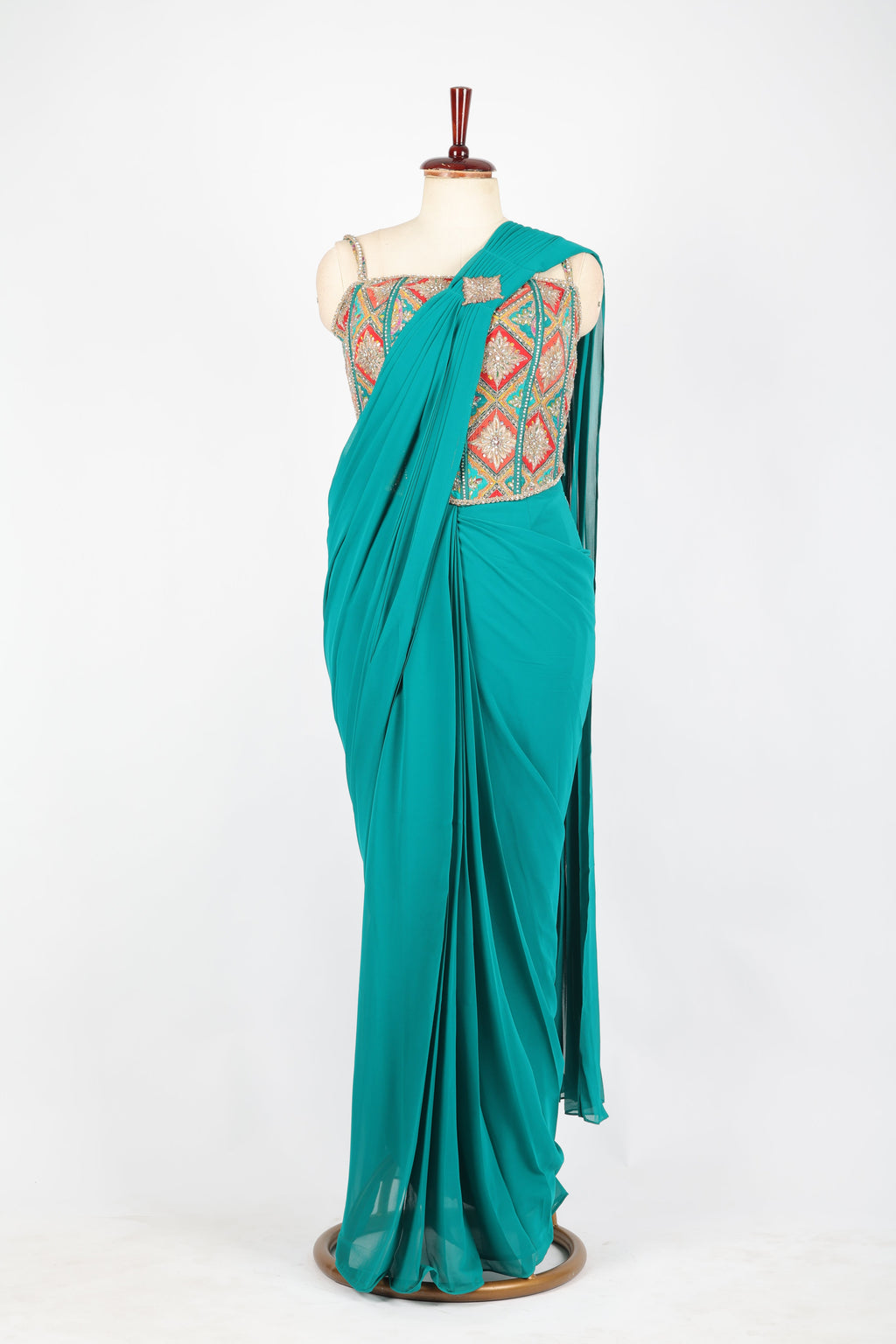 Teal green pre-draped saree set