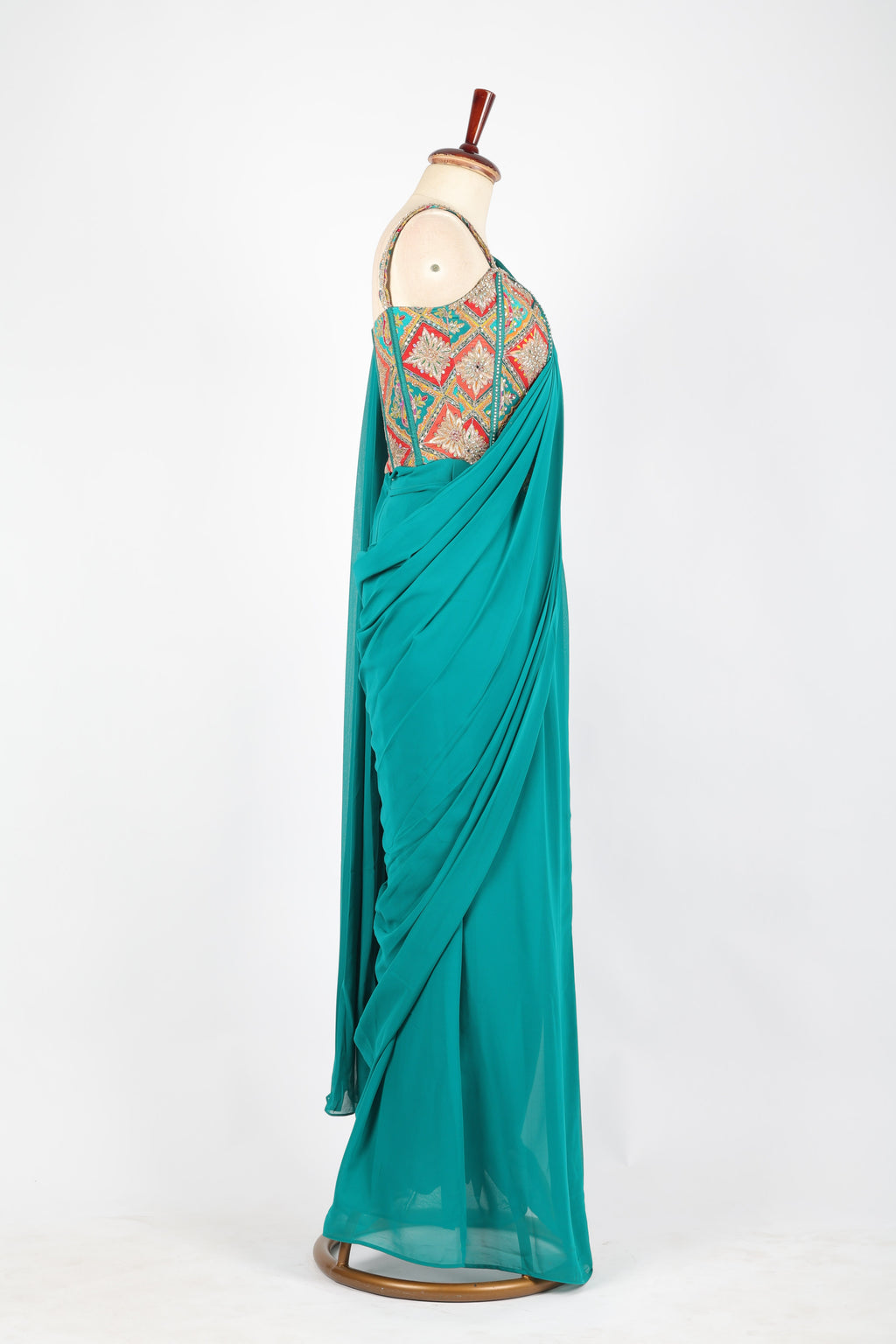 Teal green pre-draped saree set