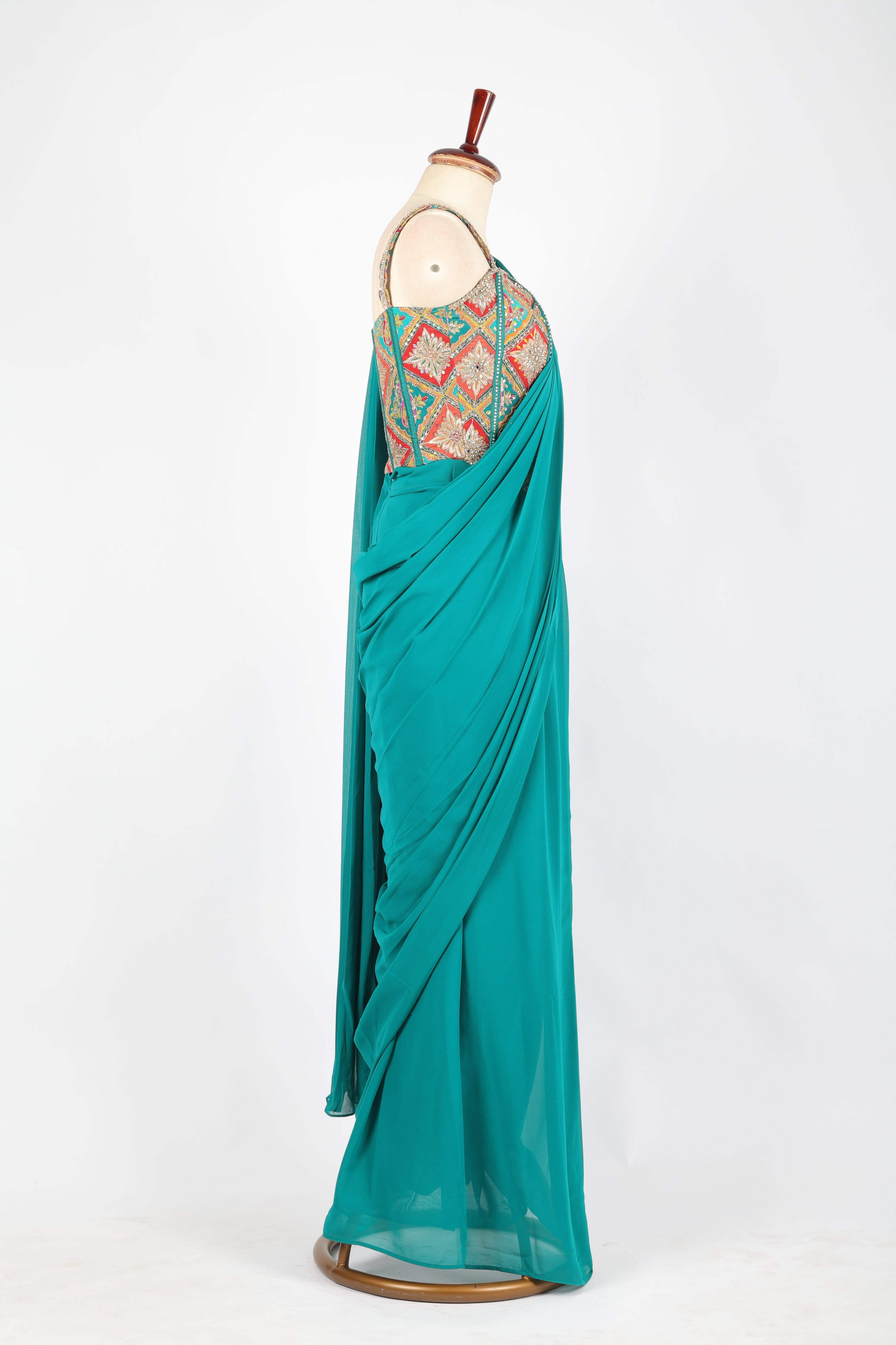 Teal green pre-draped saree set
