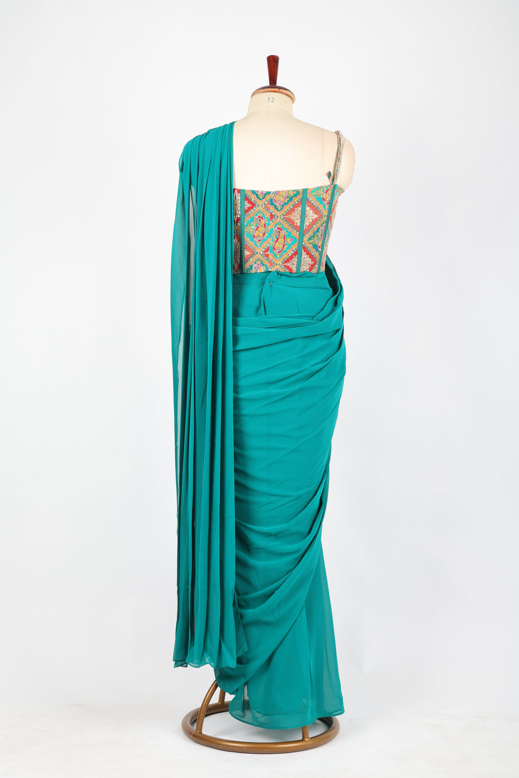 Teal green pre-draped saree set