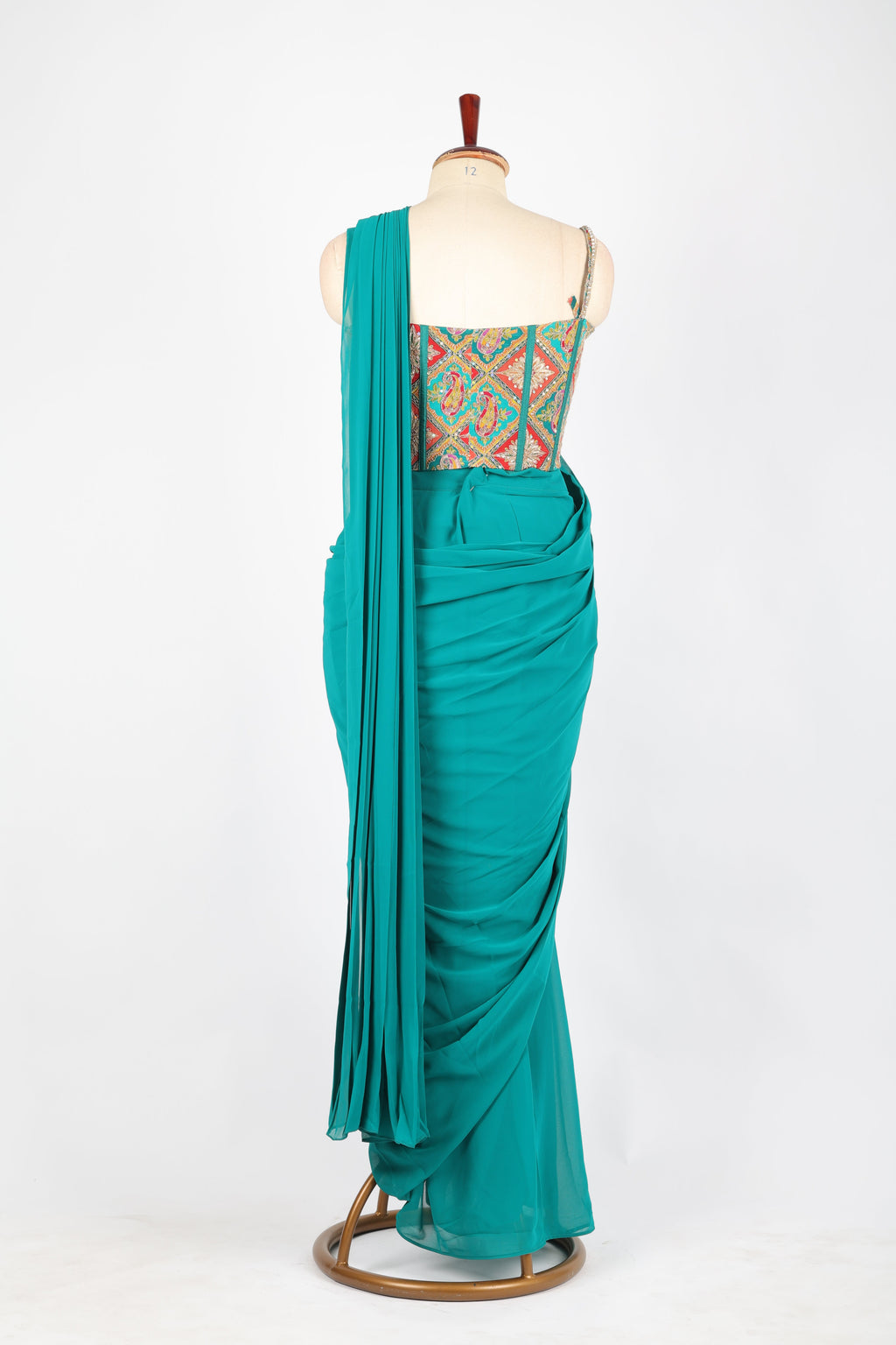 Teal green pre-draped saree set