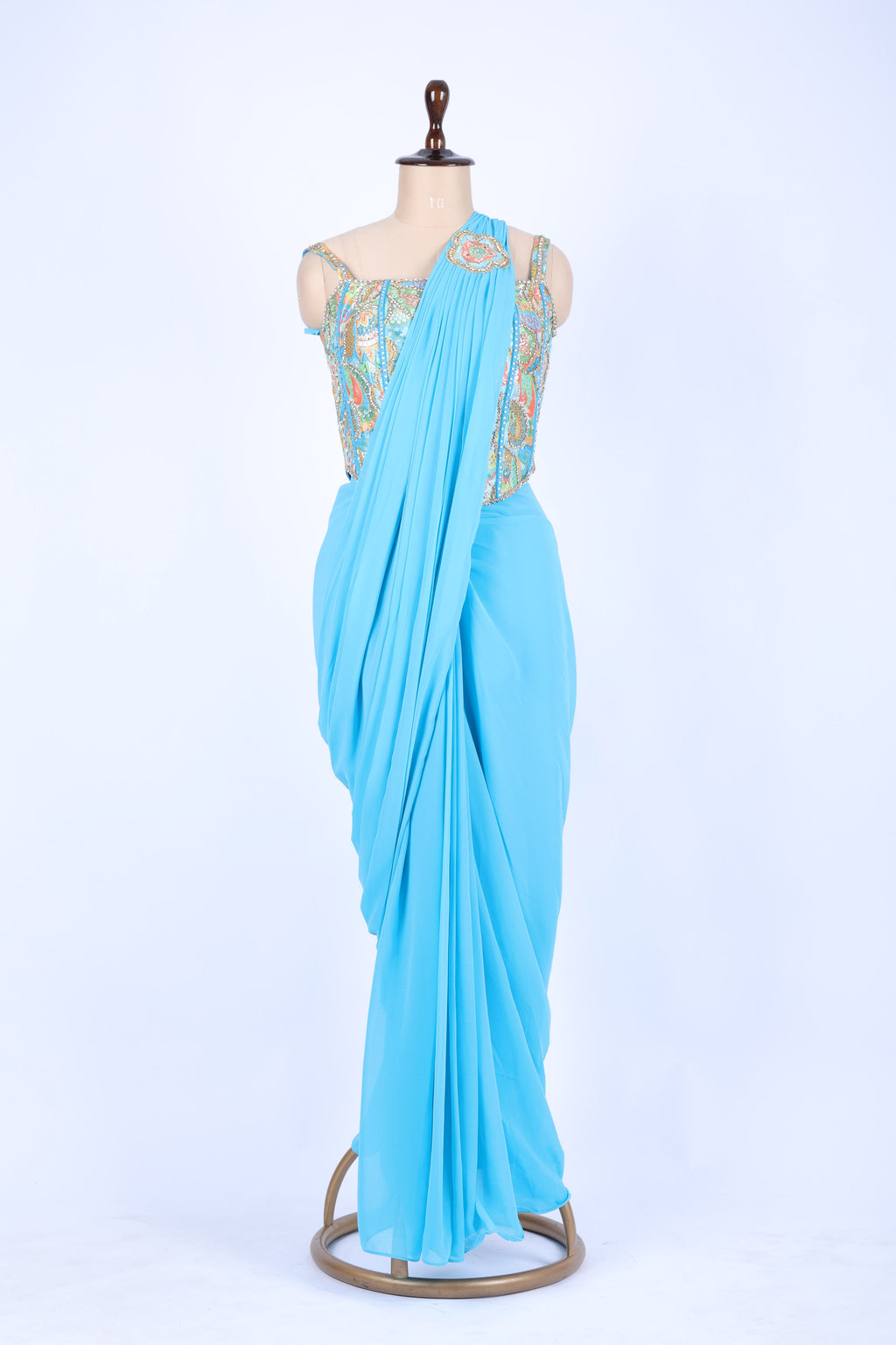 Sky blue pre-draped saree set
