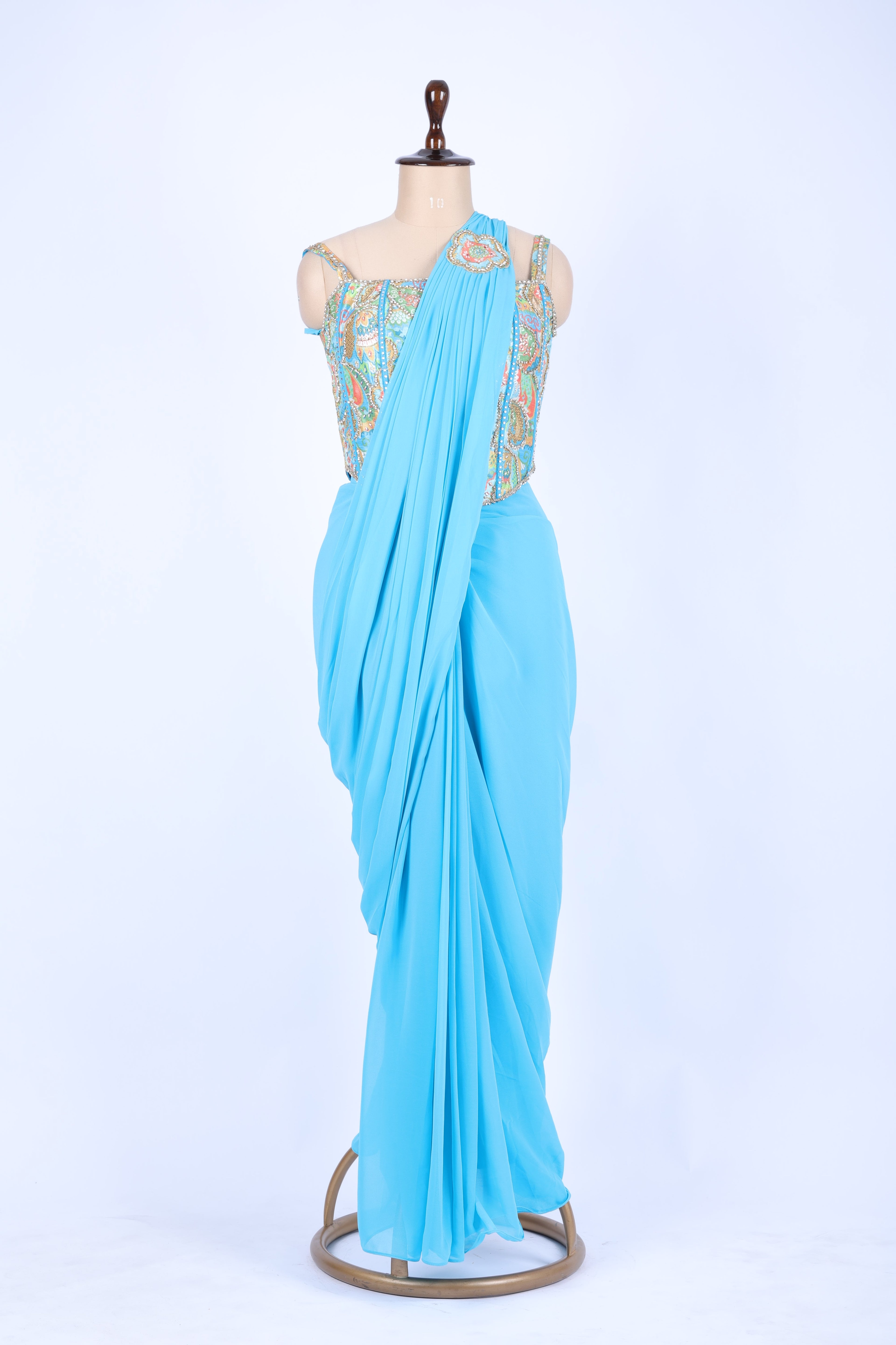 Sky blue pre-draped saree set