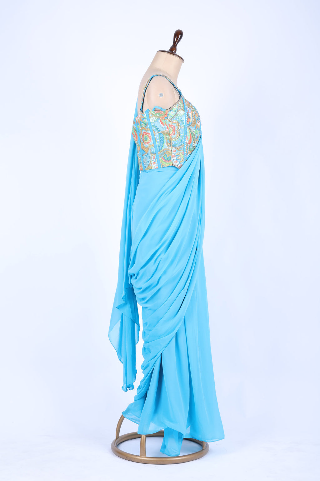 Sky blue pre-draped saree set