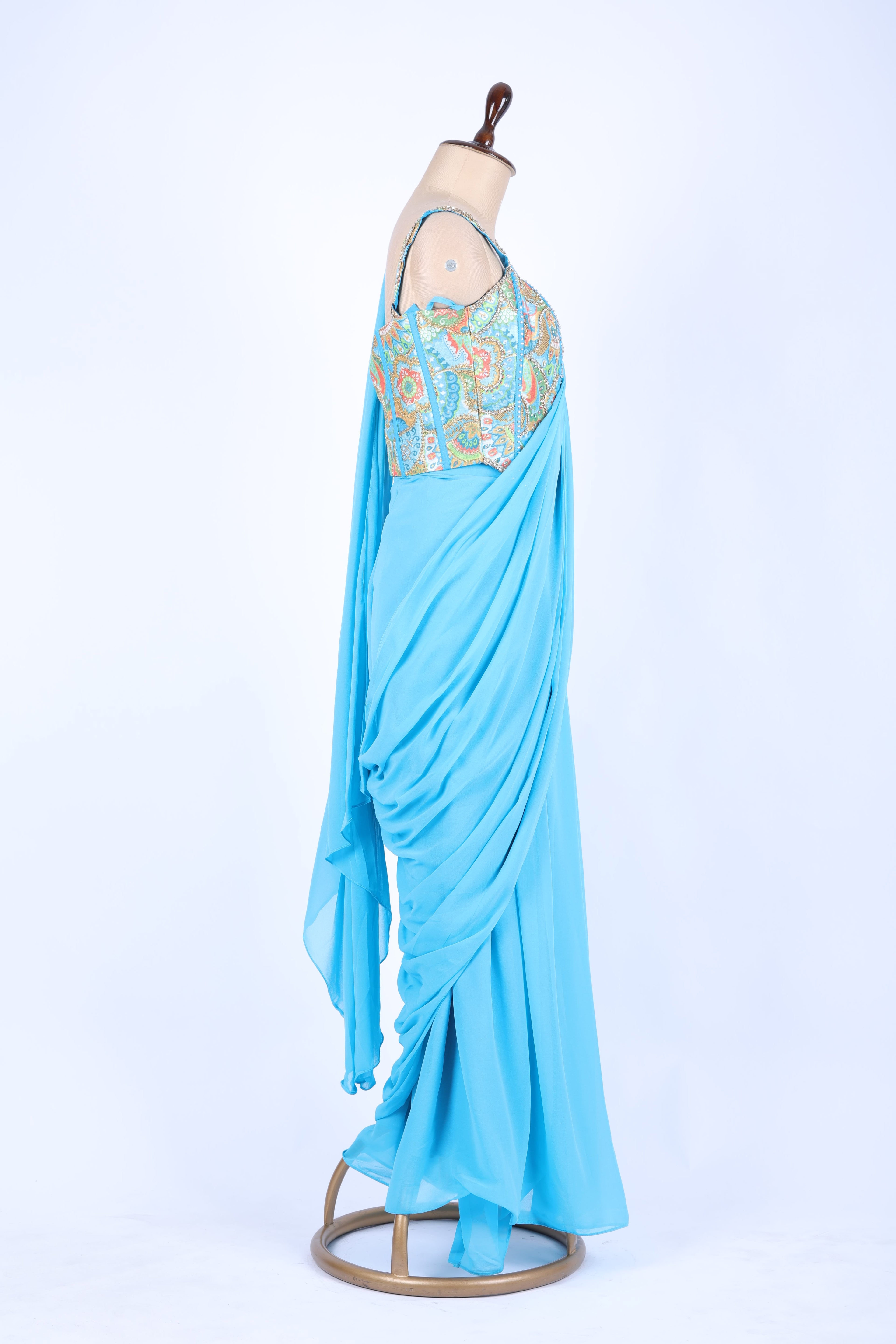 Sky blue pre-draped saree set