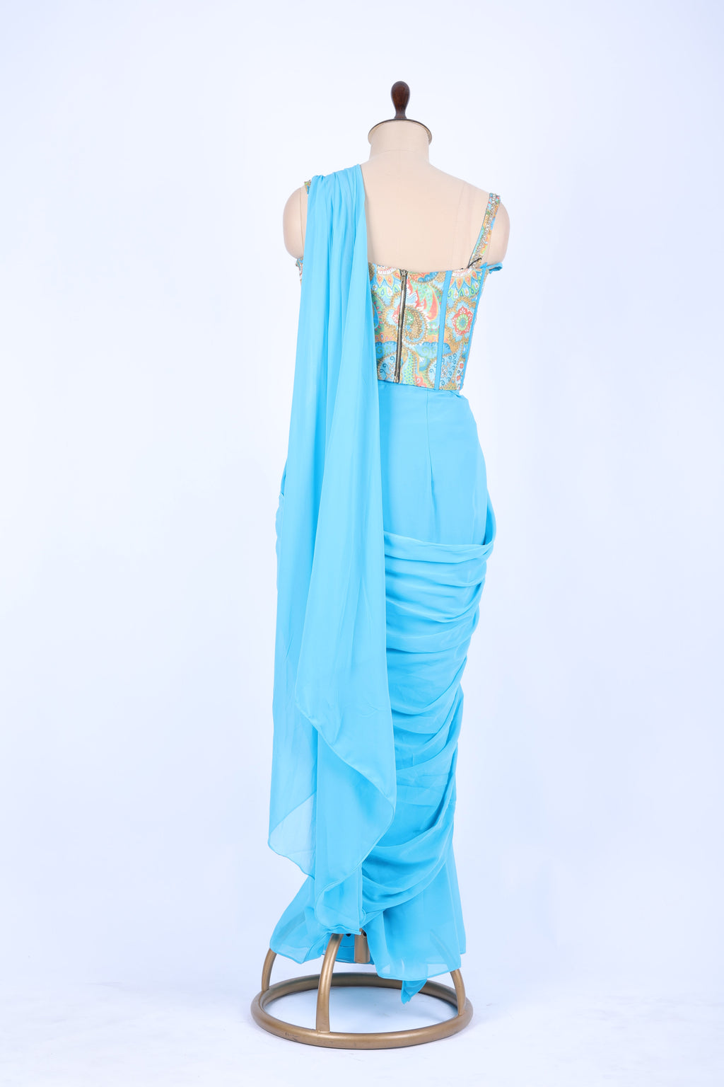 Sky blue pre-draped saree set