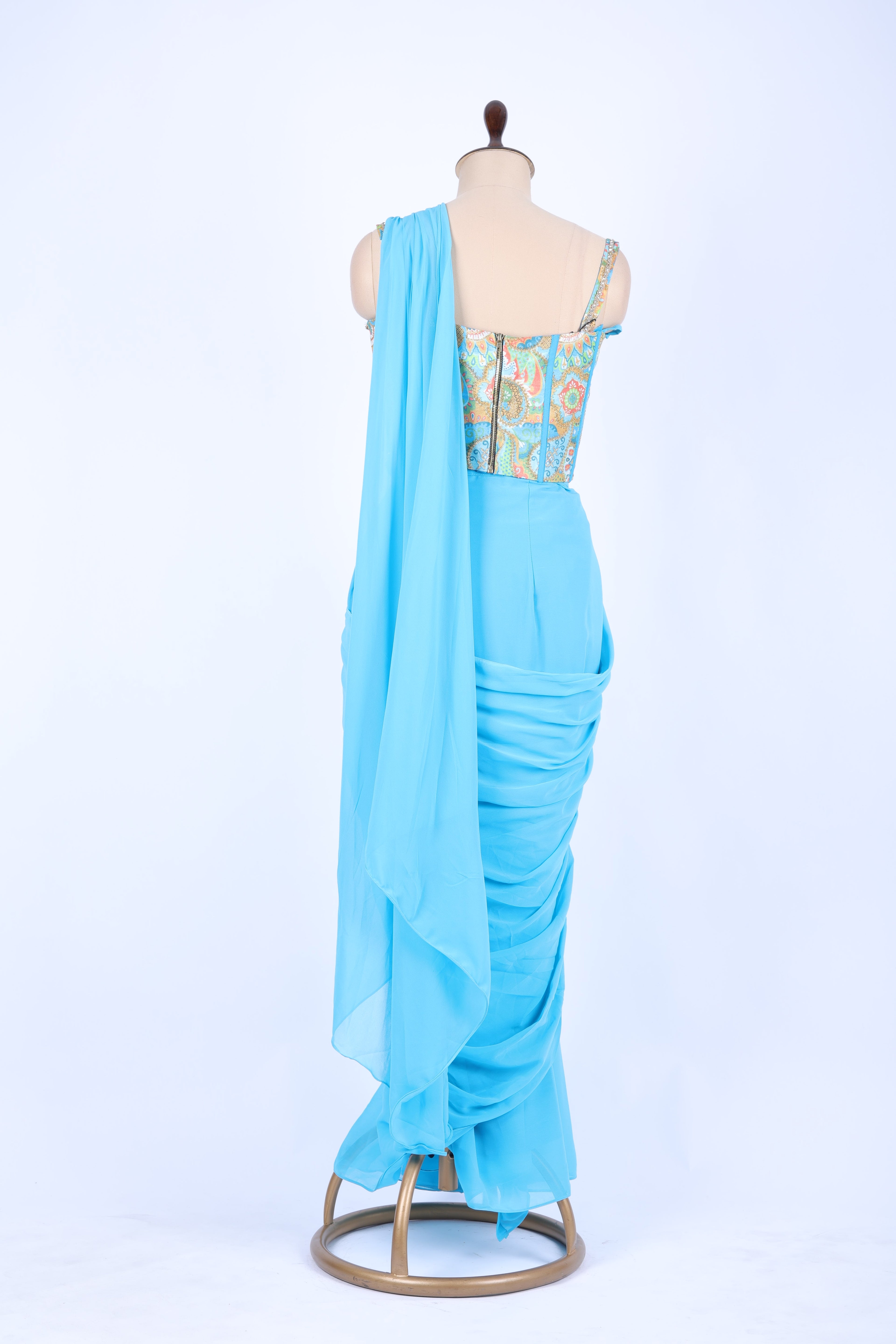 Sky blue pre-draped saree set