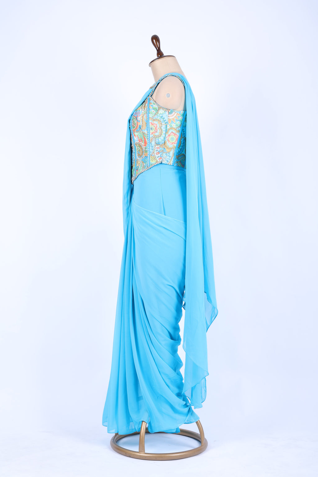 Sky blue pre-draped saree set