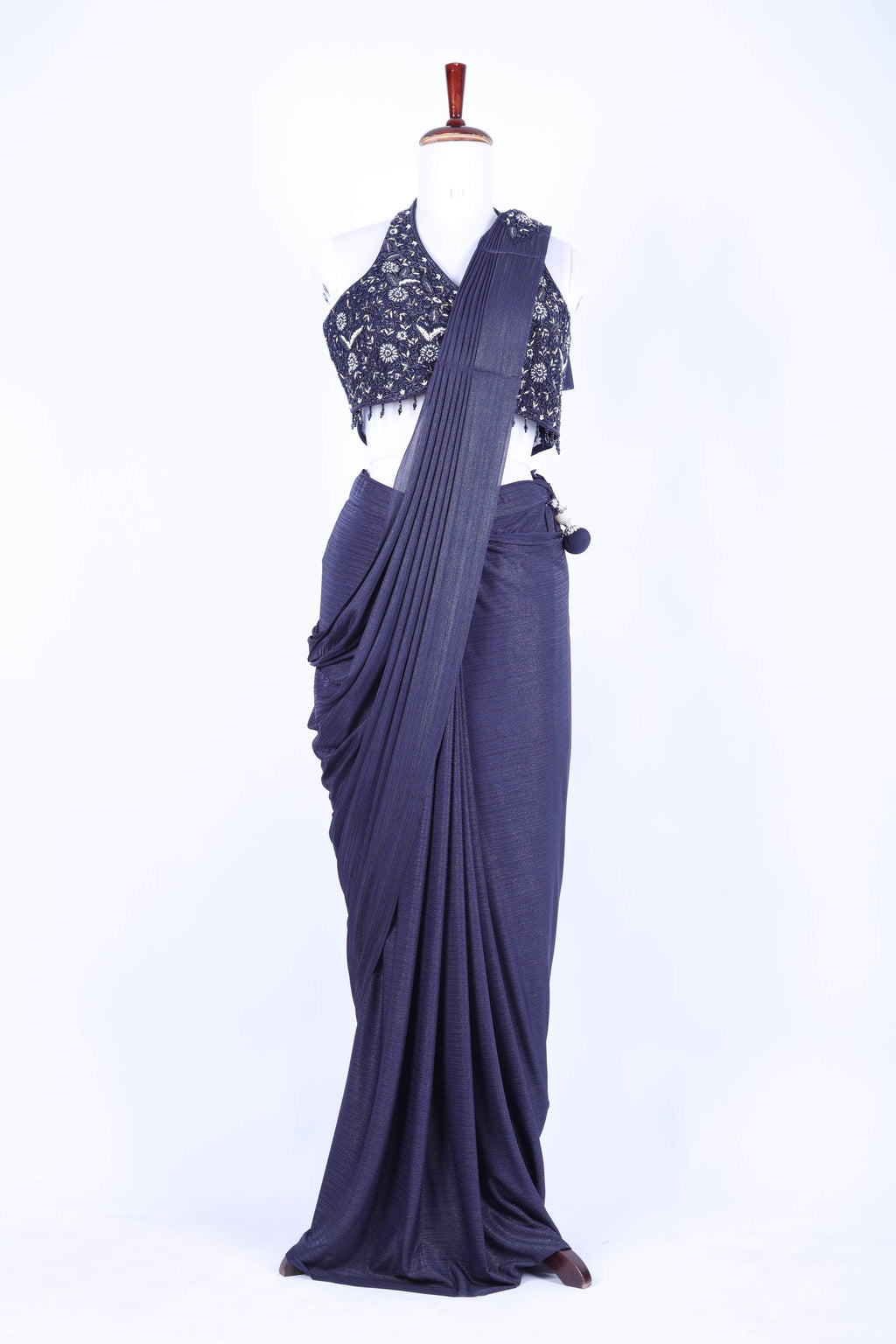 Charcoal black pre-draped saree set