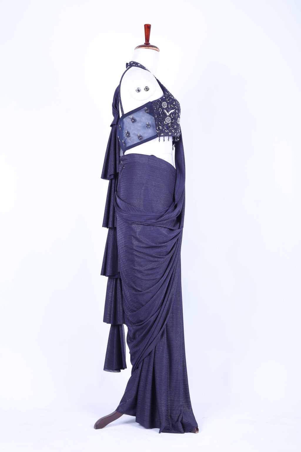 Charcoal black pre-draped saree set