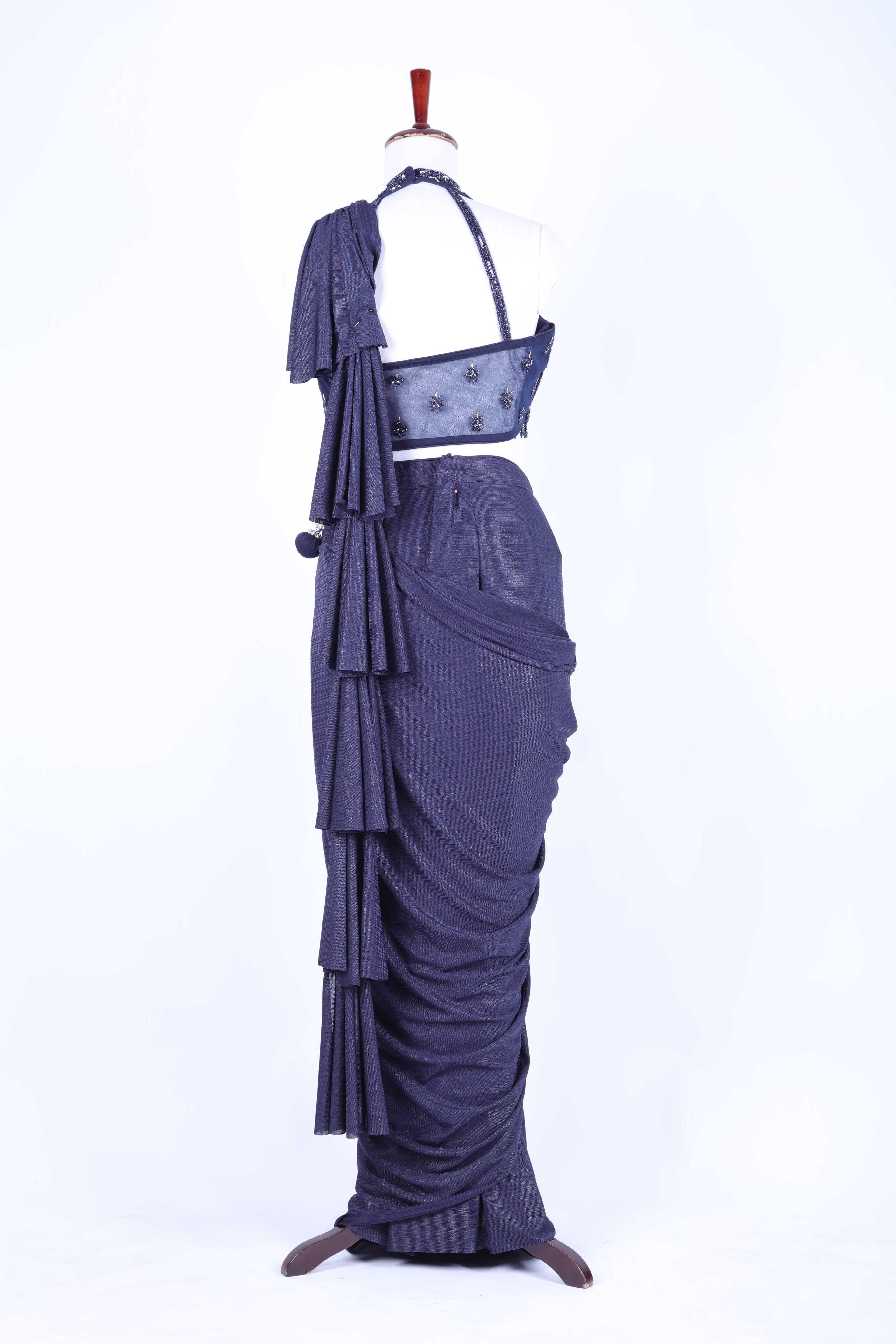 Charcoal black pre-draped saree set