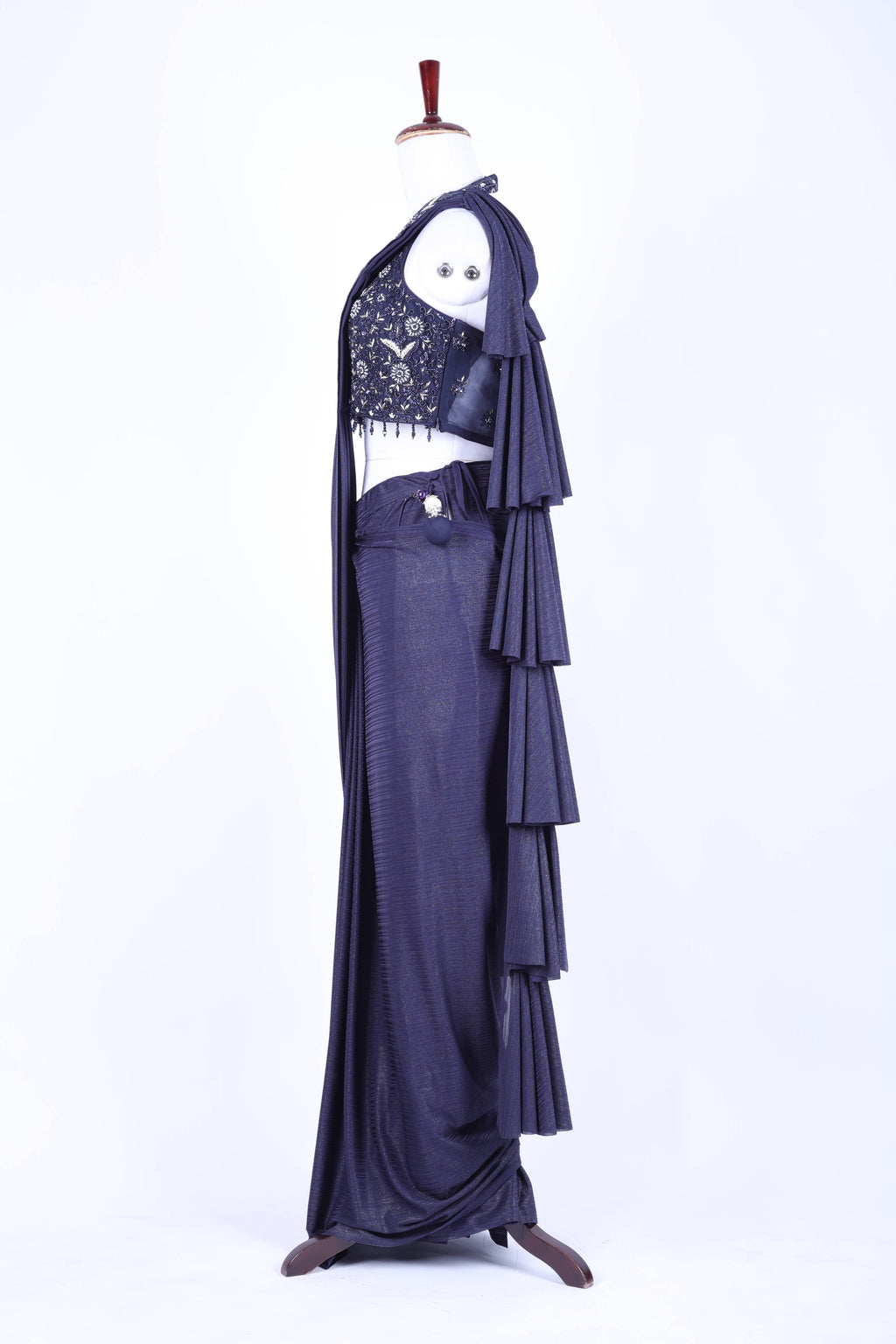 Charcoal black pre-draped saree set