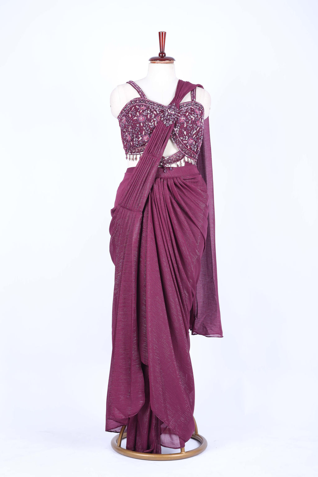 Dusty rose pre-draped saree set