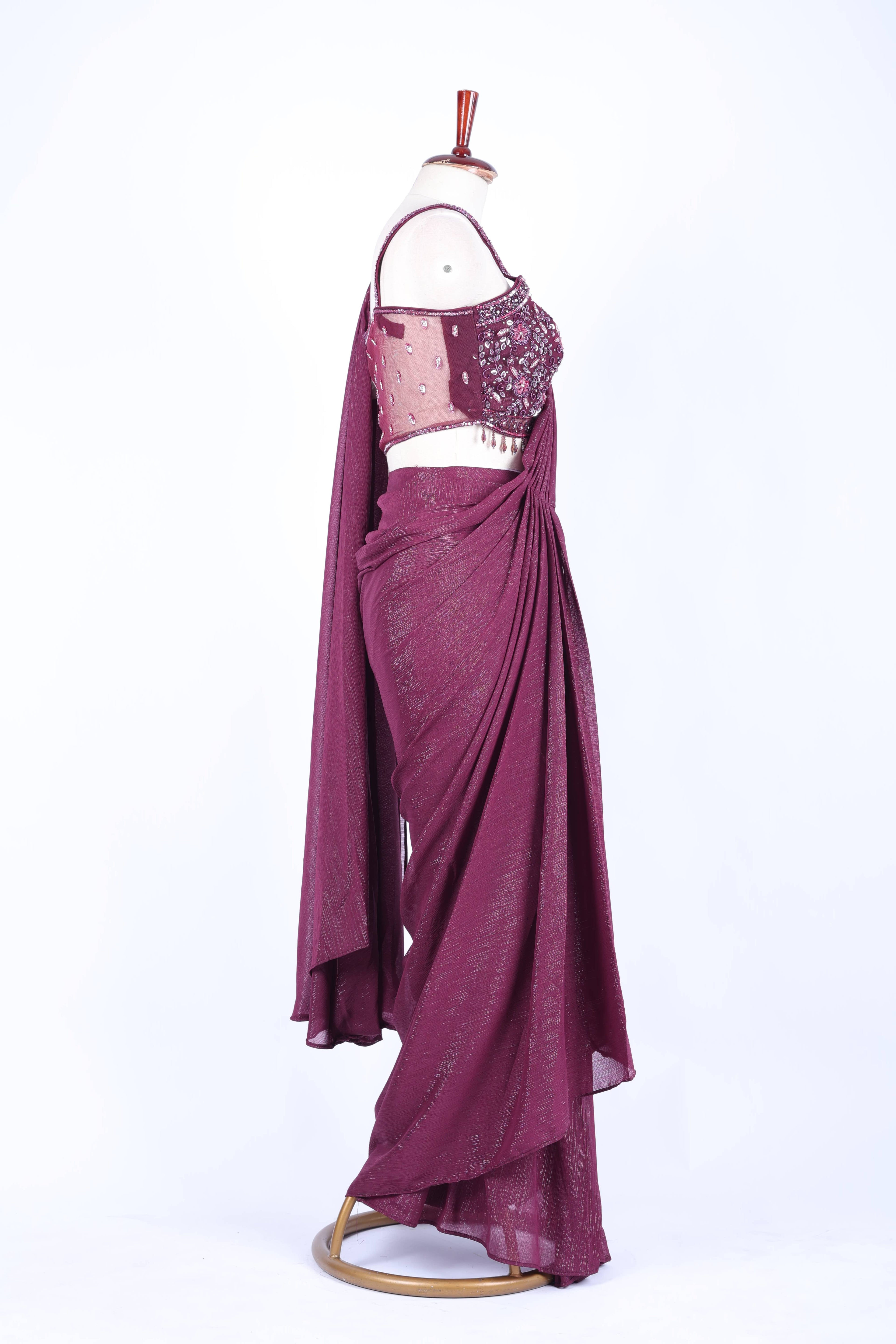 Dusty rose pre-draped saree set