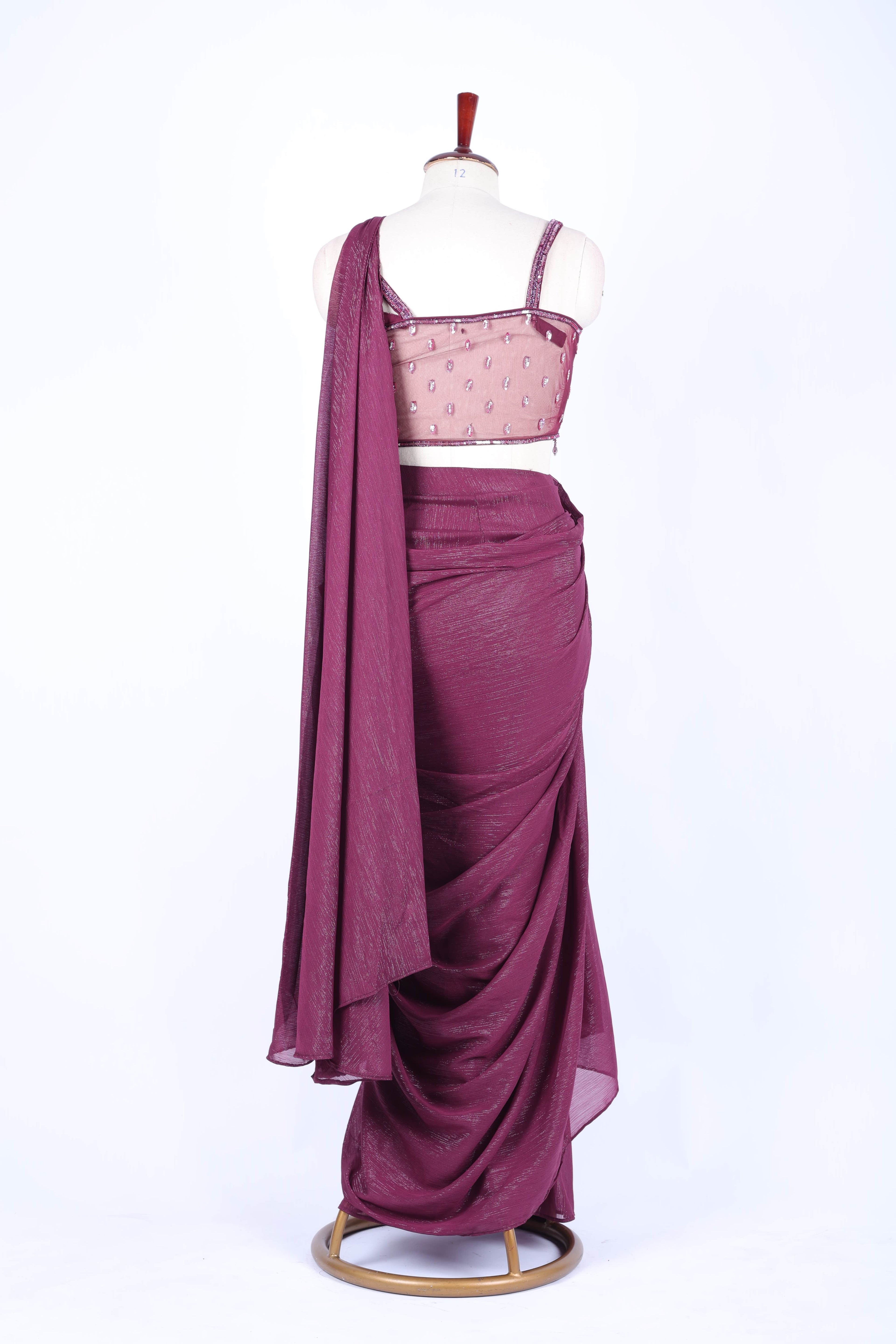 Dusty rose pre-draped saree set