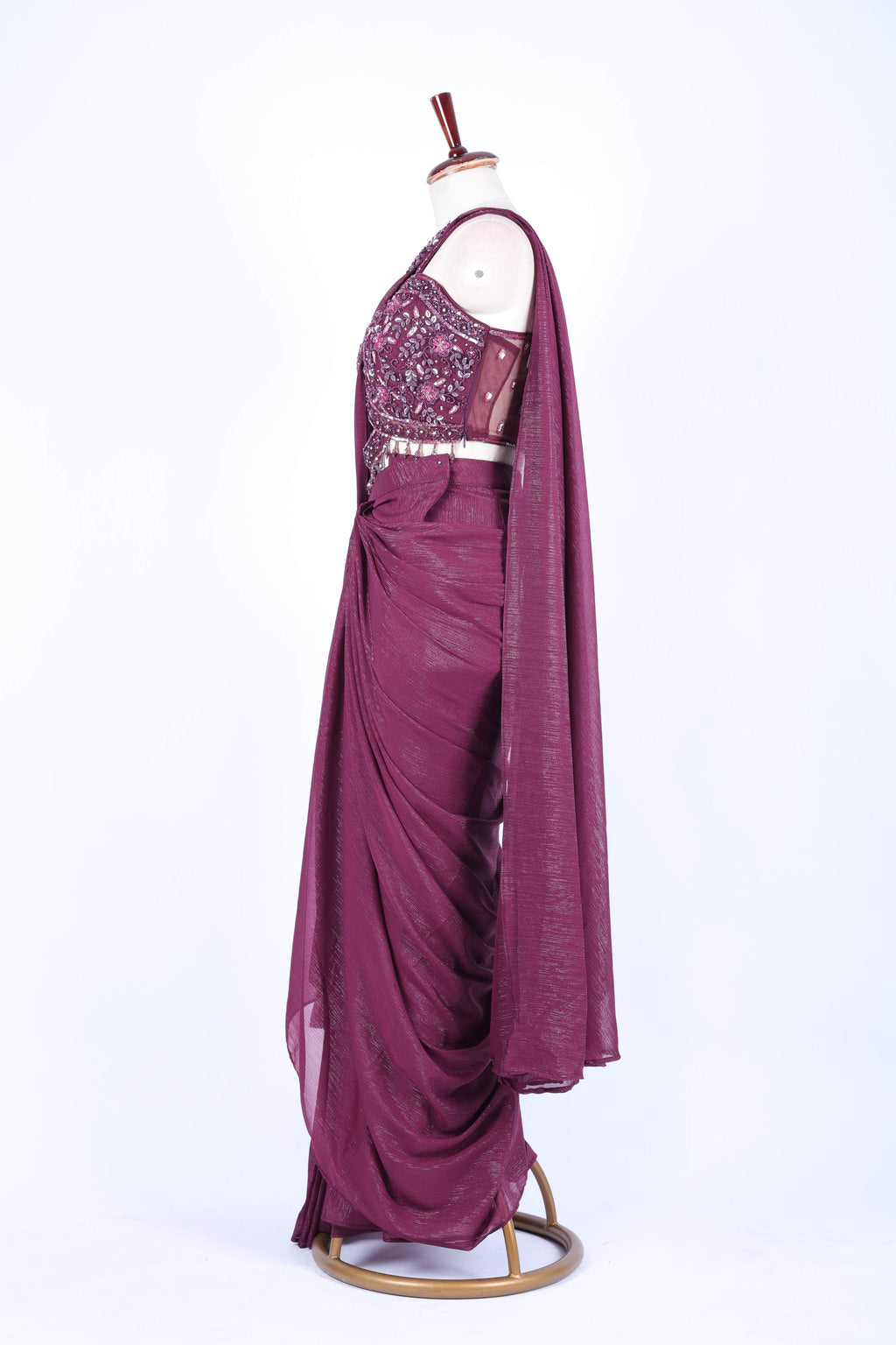 Dusty rose pre-draped saree set