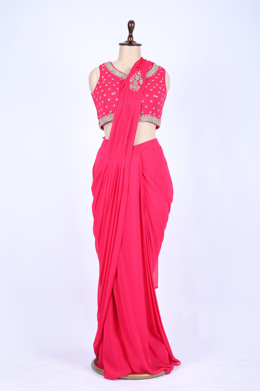 Hot pink pre-draped saree set