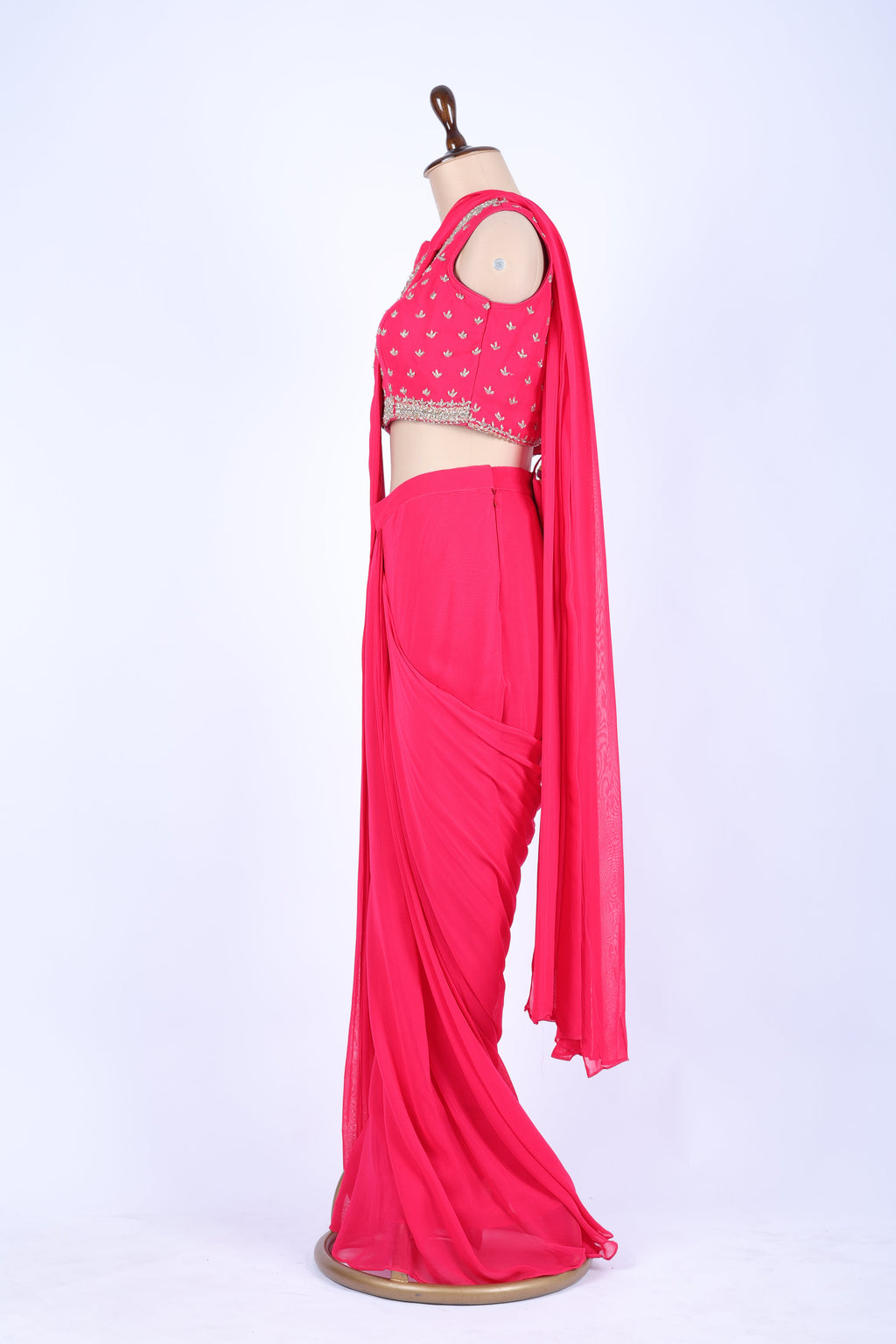Hot pink pre-draped saree set