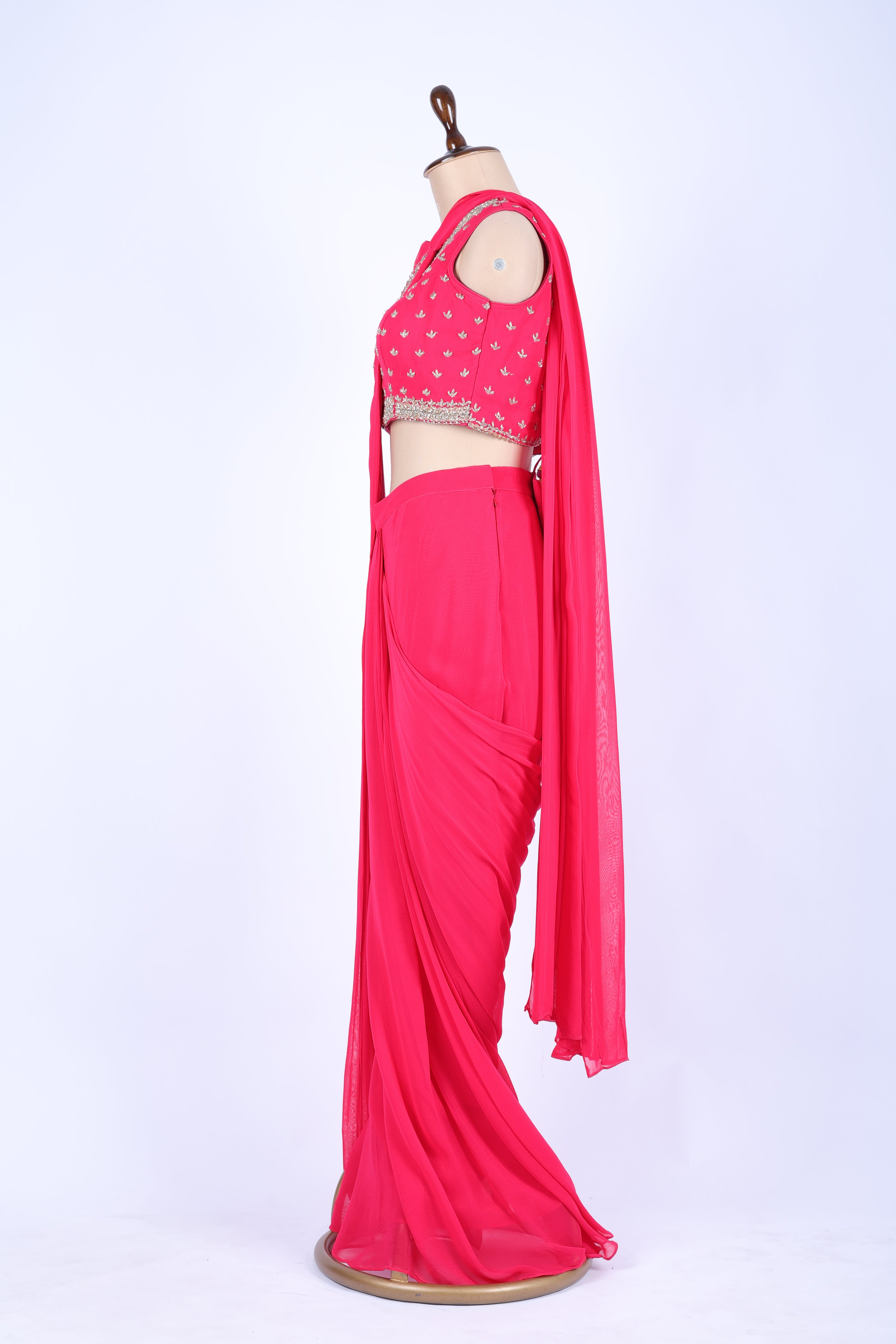Hot pink pre-draped saree set